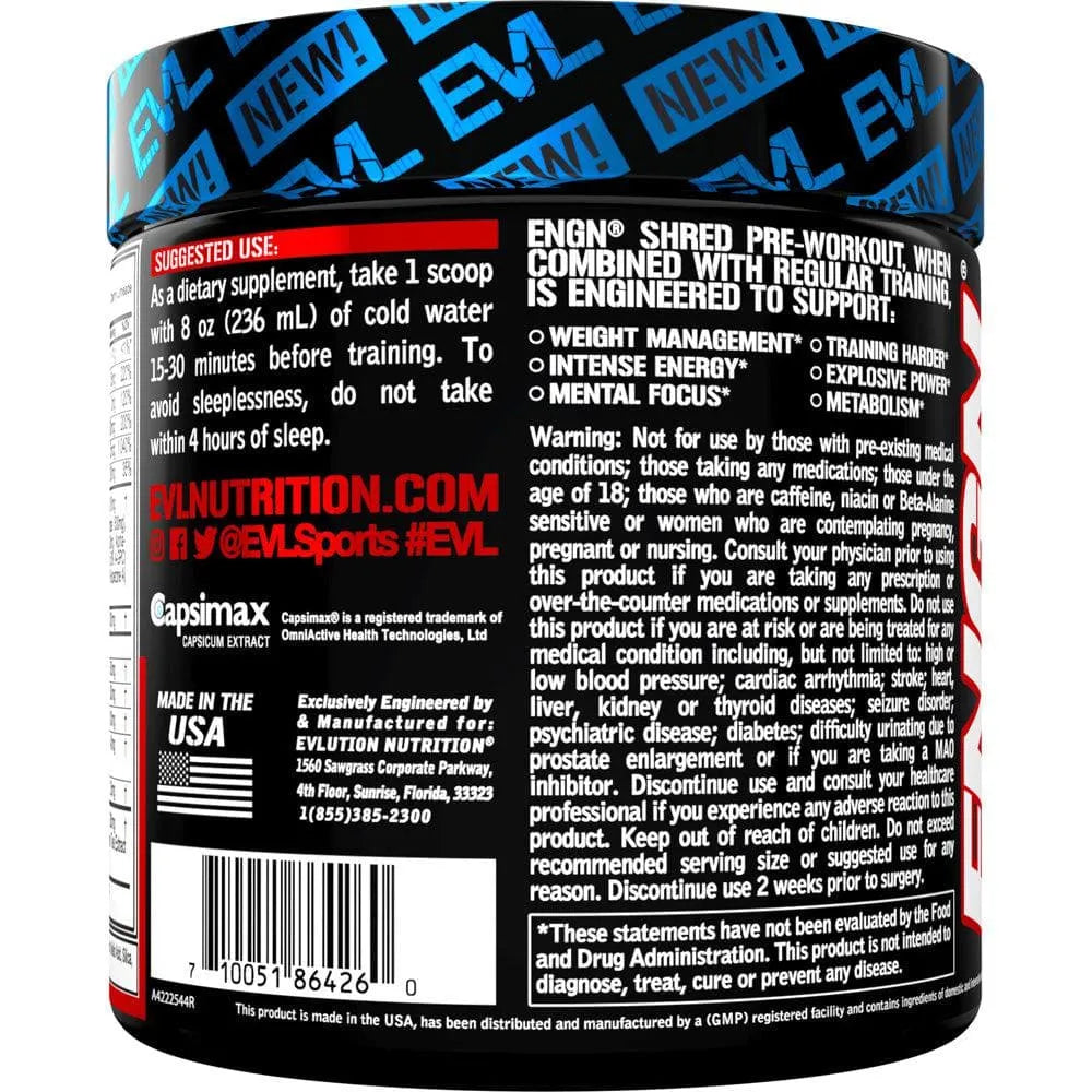 EVLution Nutrition ENGN Shred Pre-Workout Powder - 246g (30 Servings) | Fat Burner & Energy Booster for Gym & Fitness Training