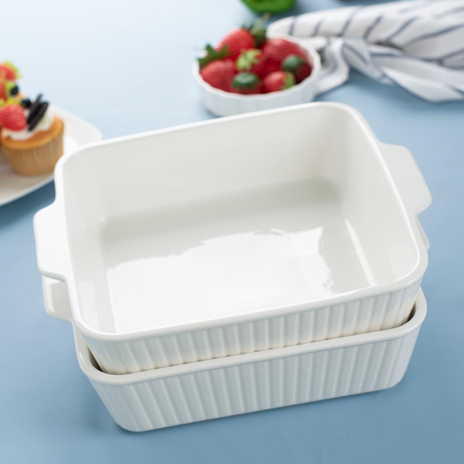 10'' Square Ceramic Casserole Baking Dish Set of 2 - Oven, Microwave & Dishwasher Safe Bakeware with Handles - Perfect for Lasagna, Cakes, Casseroles & Family Meals