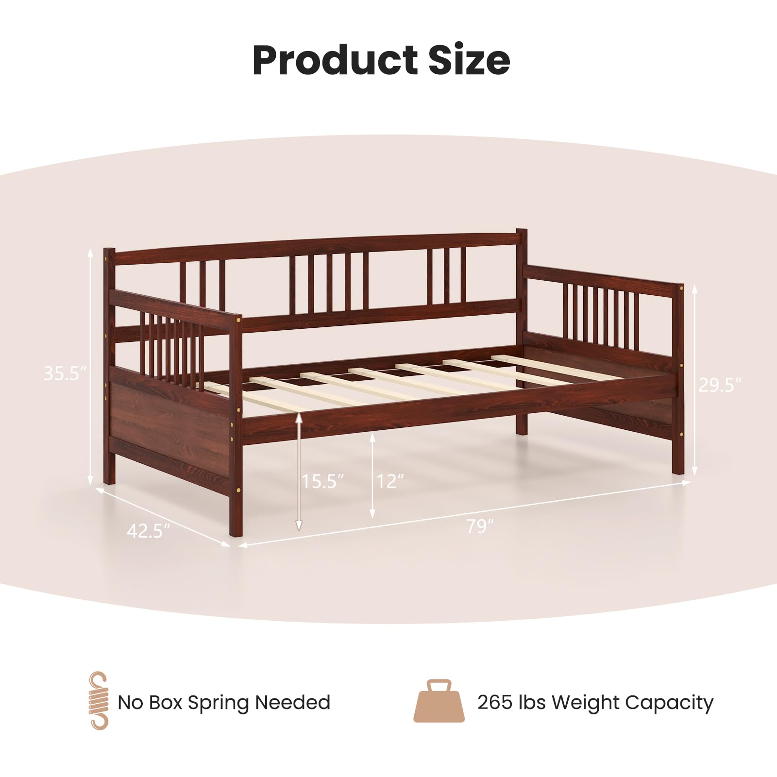 Giantex Twin Size Wooden Daybed Frame with Rails & Slat Support - Convertible Sofa Bed for Guest Room, Living Room or Bedroom - No Box Spring Needed - Cherry Finish - Perfect for Small Spaces, Sleepovers & Multi-Functional Furniture Needs