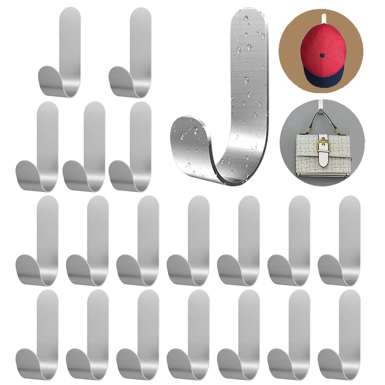 20 Pack Heavy Duty Stainless Steel Adhesive Wall Hooks - Strong Self Adhesive Hooks for Hats, Coats, Bags, Towels & Bathroom Organization - Easy to Install No Drill Wall Mount Hooks for Home & Office Use