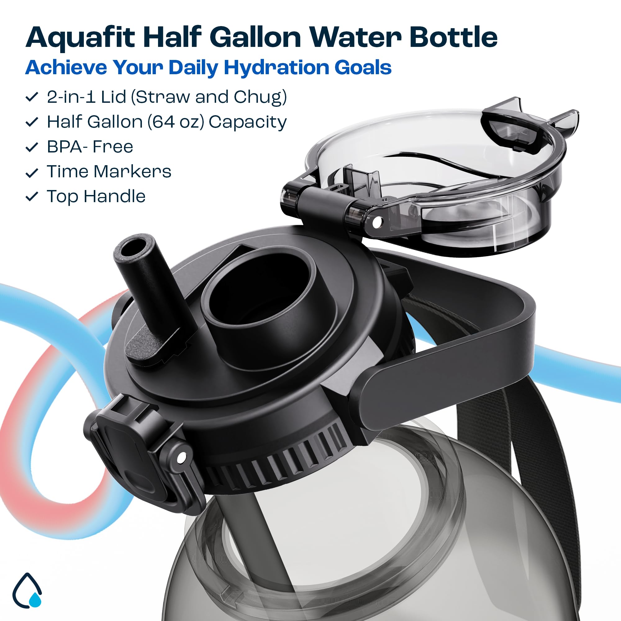 AQUAFIT 64oz Large Water Bottle with Time Marker - 2-in-1 Straw & Chug Lid - BPA Free Leak Proof Sports Water Bottle - Ideal for Gym, Hiking, Workout & Outdoor Activities (64 Ounces, Aqua Blue)