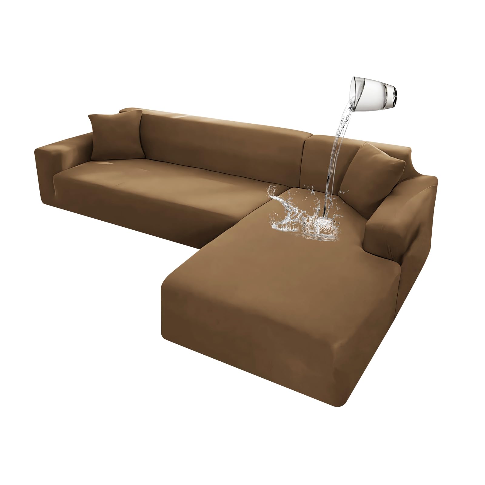 Waterproof L-Shaped Sectional Sofa Cover Set - 2 Piece Non-Slip Stretch Slipcover for Living Room Furniture Protector (Large, Light Coffee) | Universal Fit for Pets & Kids | Easy Washable | Perfect for Family Gatherings & Movie Nights