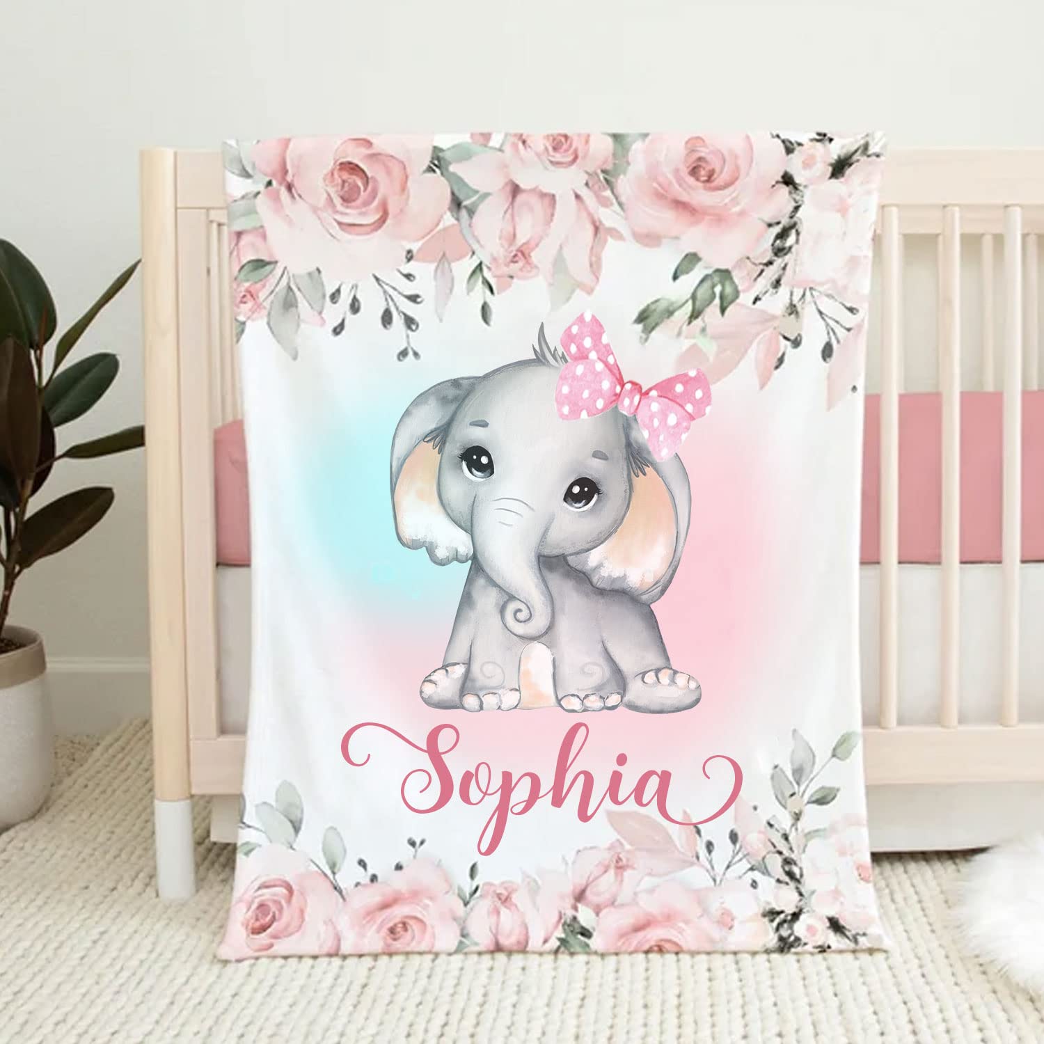 Personalized Baby Blankets for Girls - Custom Name Floral Elephant Blanket with Pink Design | Soft & Cozy Baby Gift for Newborn, Nursery, Christening, and Photo Shoots