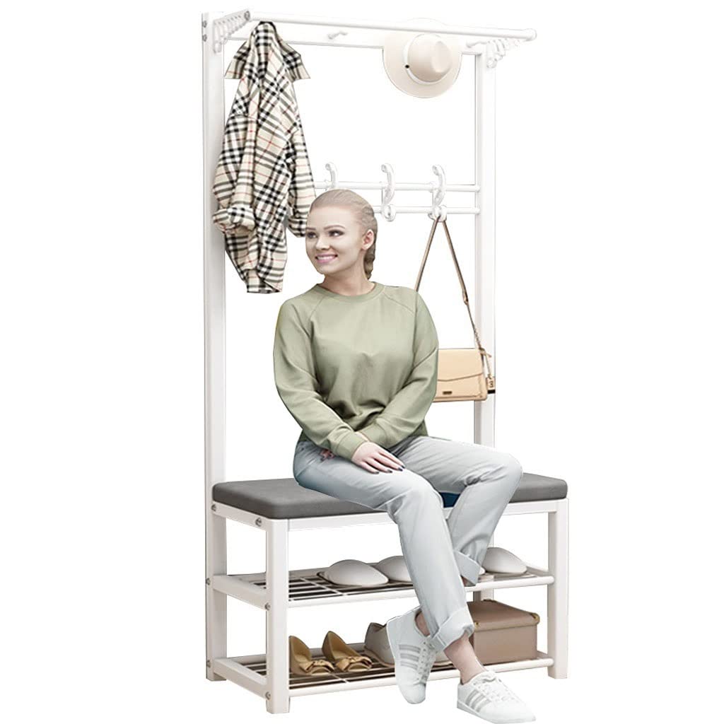 3-in-1 Entryway Organizer - Coat Rack with Shoe Bench & Storage Shelf, 9 Hooks & Hanging Bars, Metal Frame for Hallway, Home Office, Bedroom - Perfect for Small Space Organization & Shoe Storage at Entry