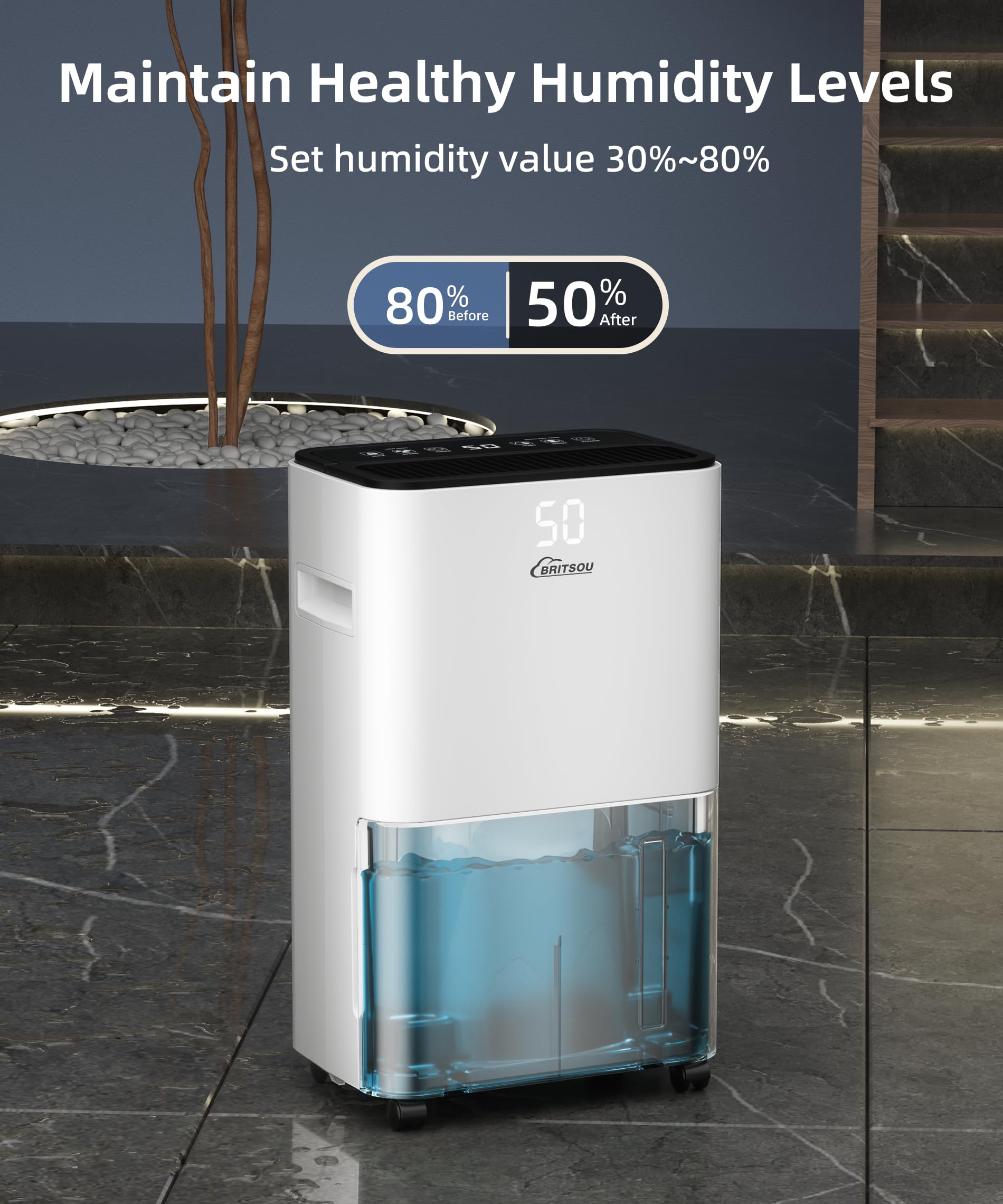 BRITSOU 2000 Sq. Ft Energy Efficient Dehumidifier for Basement & Home - 34 Pint Capacity with Auto Shut Off, 24HR Timer & Drain Hose - Ideal for Damp Basements, Large Rooms & High Humidity Areas