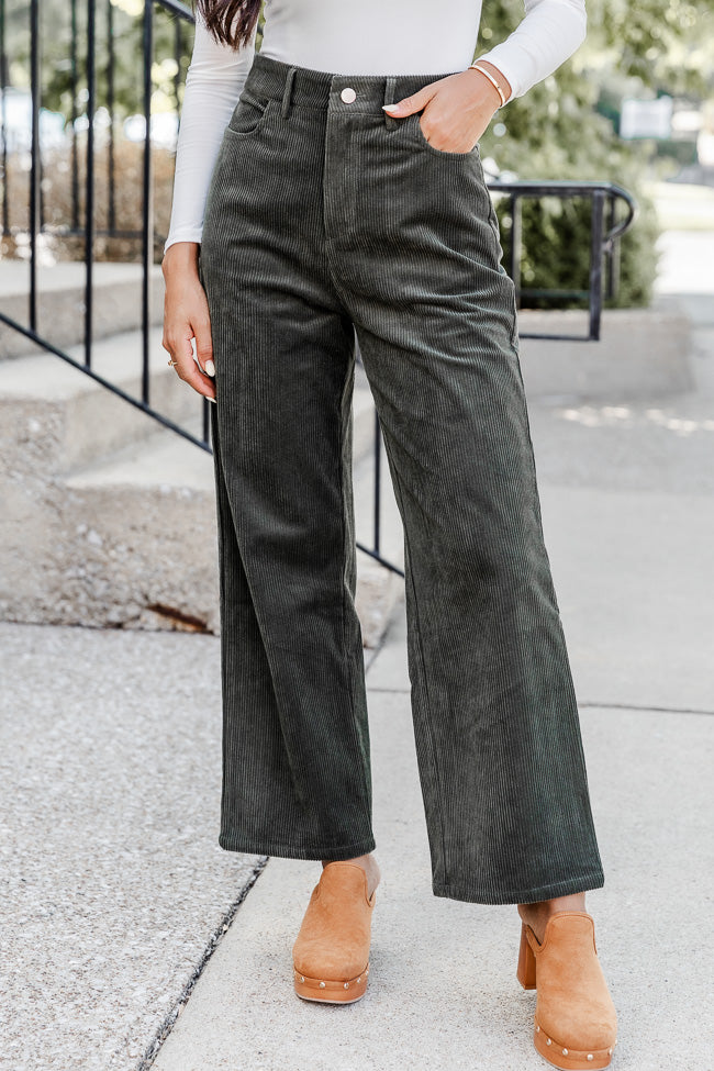 Stylish Olive Corduroy Straight Leg Pants for Women - Comfortable & Trendy Casual Trousers - Perfect for Work, Office, and Everyday Wear