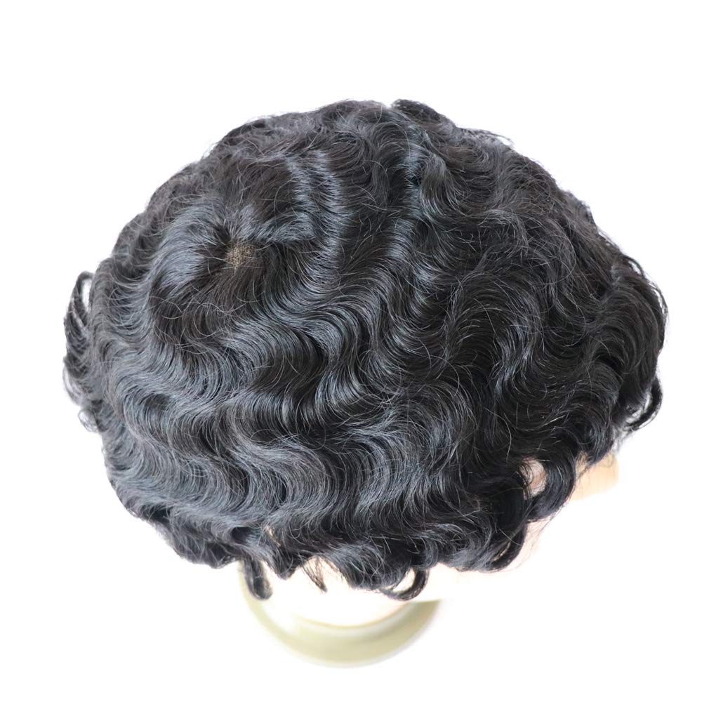 Men's French Lace Wave Hair Toupee 8x10 Inch - Afro Loose Curly Human Hair Replacement Piece #1B Off Black - 120% Medium Density - Perfect for Daily Wear, Cosplay & Hair Loss Solutions