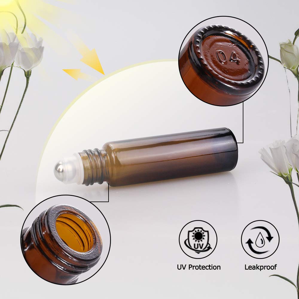 25 Pack 10ml Amber Glass Essential Oil Bottles with Stainless Steel Roller Balls & Caps - Travel Size for Aromatherapy, DIY Perfume, Lip Gloss & Skincare (Leak Proof & Durable) - Perfect for Home, Office & On-the-Go Use