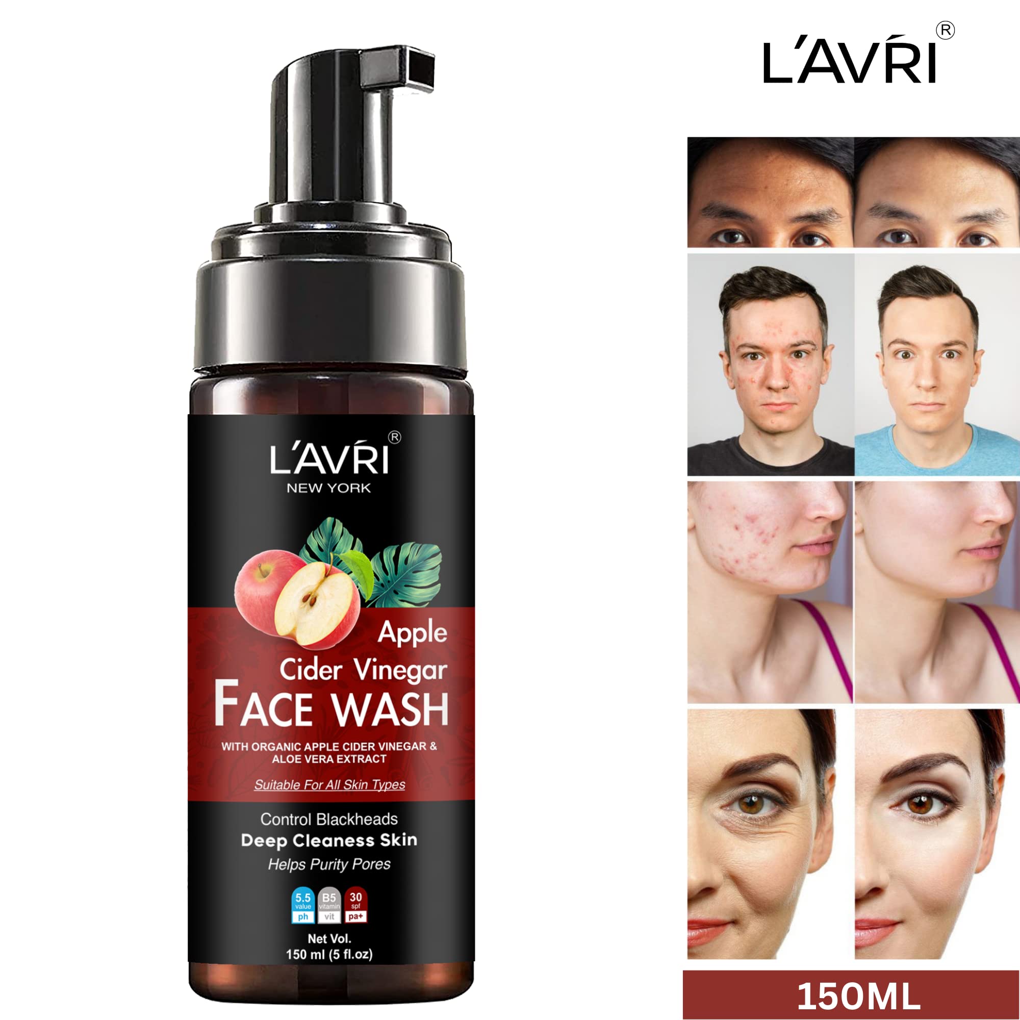 LAVRI Apple Face Wash 150ml - Gentle Cleanser for All Skin Types, Hydrating & Refreshing, Vegan & Cruelty-Free - Perfect for Daily Skincare Routine & Travel