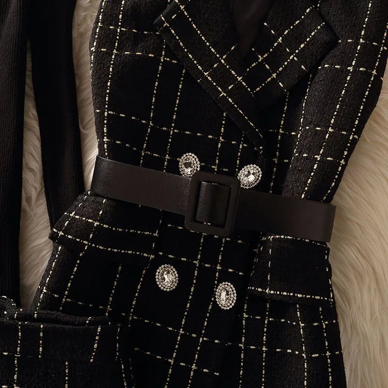 Stylish Women's 3-Piece Plaid Tweed Suit Set - Vintage Korean Style Short Jacket Vest with Belt, Pants & Knit Sweater | Office Wear, Casual Outfits & Fall Fashion