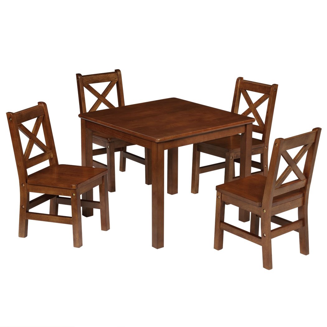 Premium Solid Hardwood Kids Table and Chair Set - 5 Piece Coffee-Colored Children's Furniture for Playroom, Classroom, or Home Learning Activities