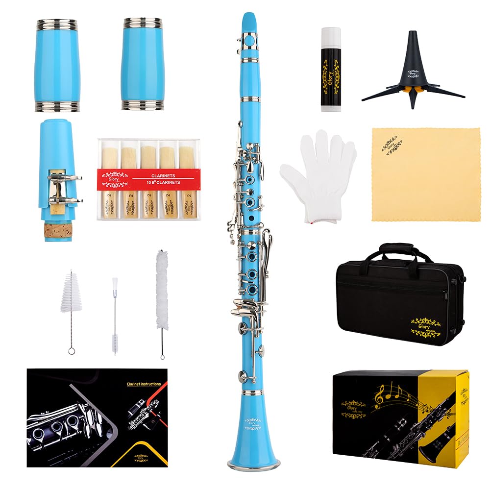 Professional Ebonite Bb Clarinet with 10 Reeds, Stand, Hard Case & Accessories - Light Blue/Silver | Ideal for Students, Beginners & Professional Musicians | Band, Orchestra & Solo Performances
