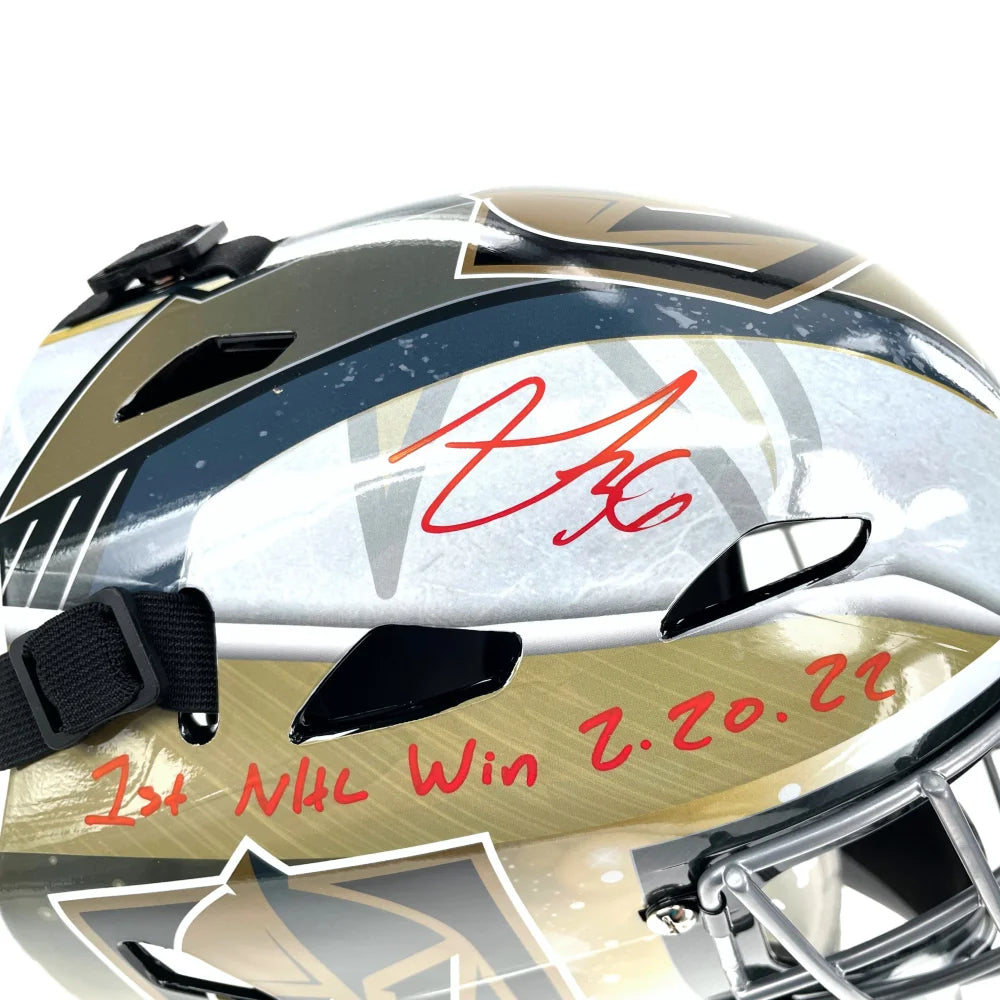 Logan Thompson Autographed Vegas Golden Knights Goalie Mask - First Win Inscribed - VGK IGM COA Certified - Perfect for Hockey Fans & Collectors - Display in Man Cave, Sports Room, or Office