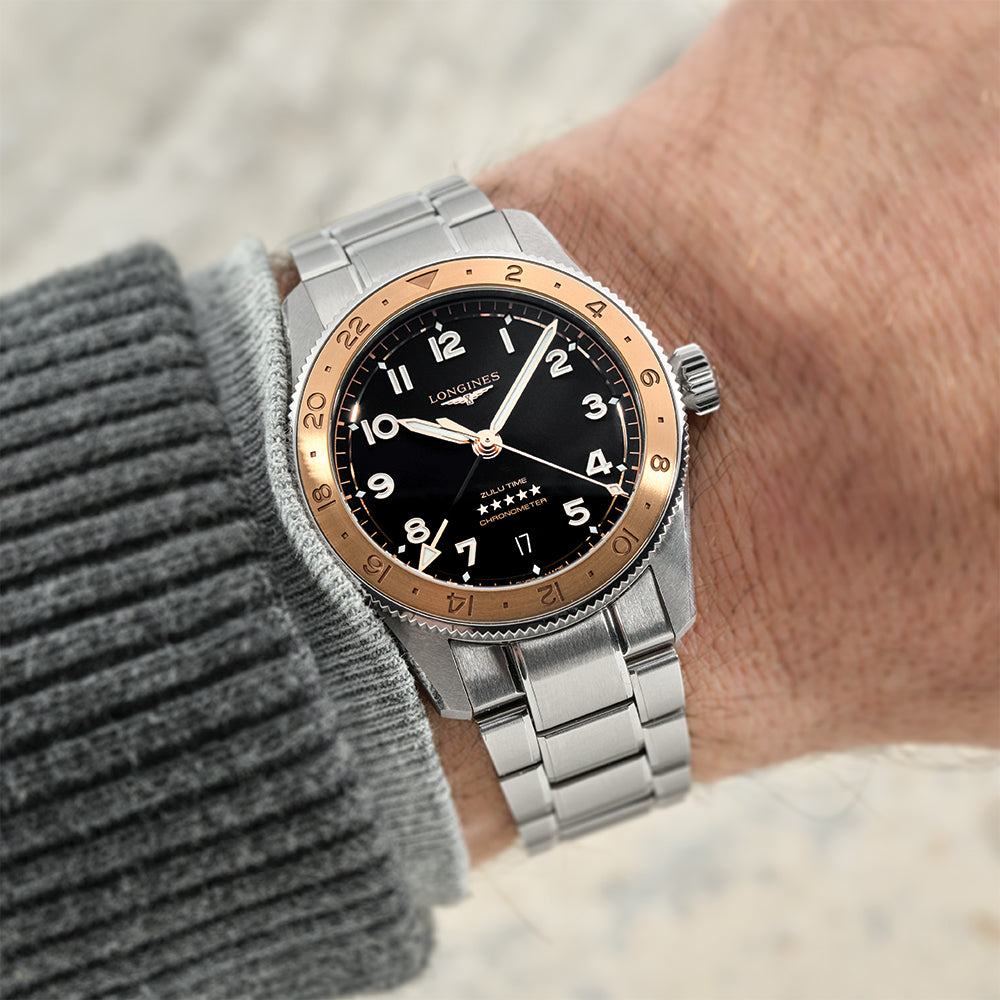 Spirit Zulu Time 1925 18K Rose Gold Capped Bezel 39mm Black Dial Men's Watch with Bracelet - Luxury Dress Watch for Business & Formal Occasions