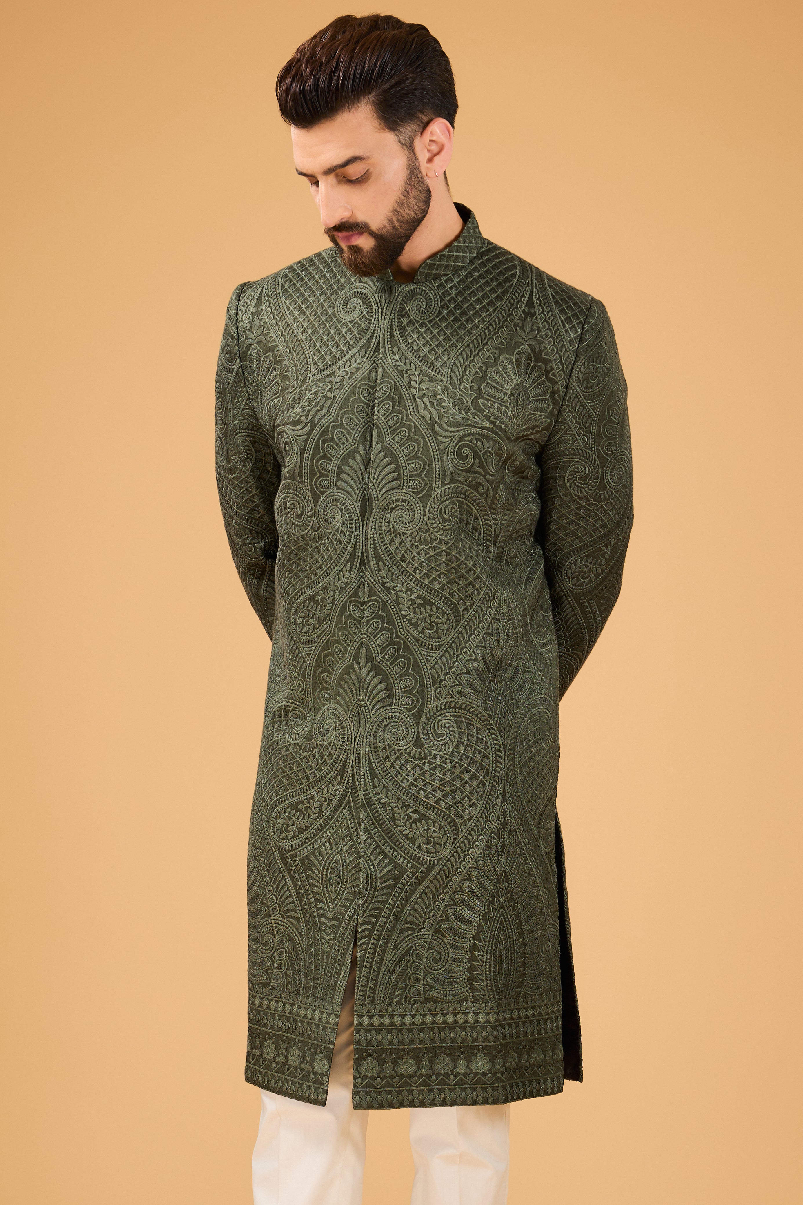 Military Green Kashmiri Embroidered Sherwani for Men - Traditional Indian Wedding Attire & Festive Occasion Wear