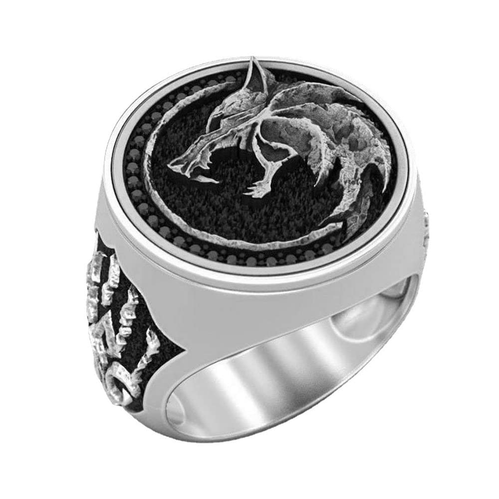 Punk Wolf Wide Band Rings for Men & Women - Black CZ Gothic Animal Viking Style Chunky Statement Ring - Norse Warrior Wolf Head Knuckle Jewelry - Perfect Gift for Boyfriend, Dad, BFF - Great for Cosplay, Halloween, Gothic Fashion & Birthday Gifts