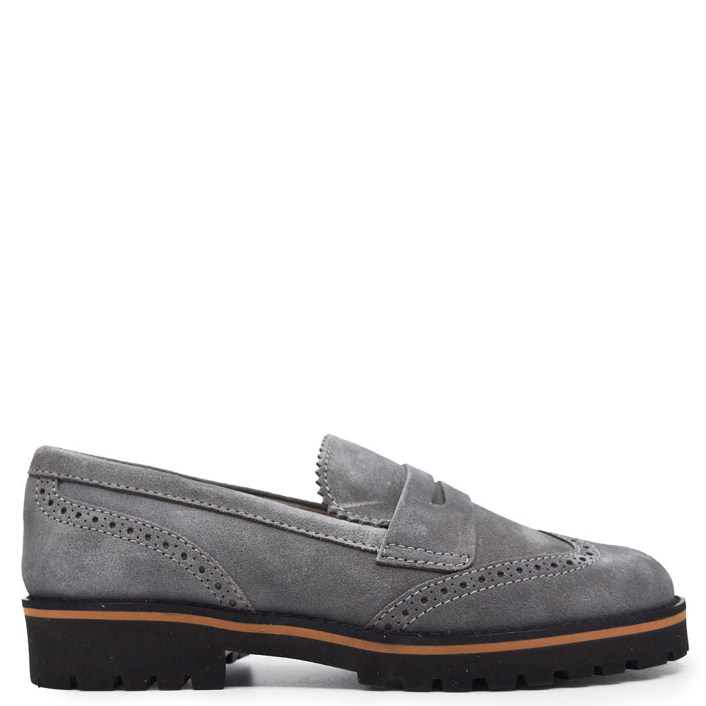 Beberlis Gray Suede Scalloped Chunky Loafers for Women - Comfortable Slip-On Shoes for Casual Outfits & Office Wear