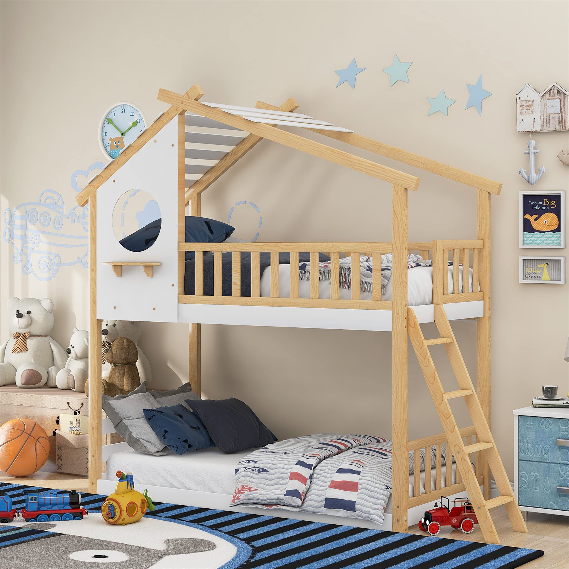 Twin Over Twin Wooden House Bunk Bed with Roof & Window - Kids Bunk Bed with Ladder for Boys & Girls - Perfect for Small Bedrooms, Shared Kids Rooms & Sleepovers (Natural Finish)
