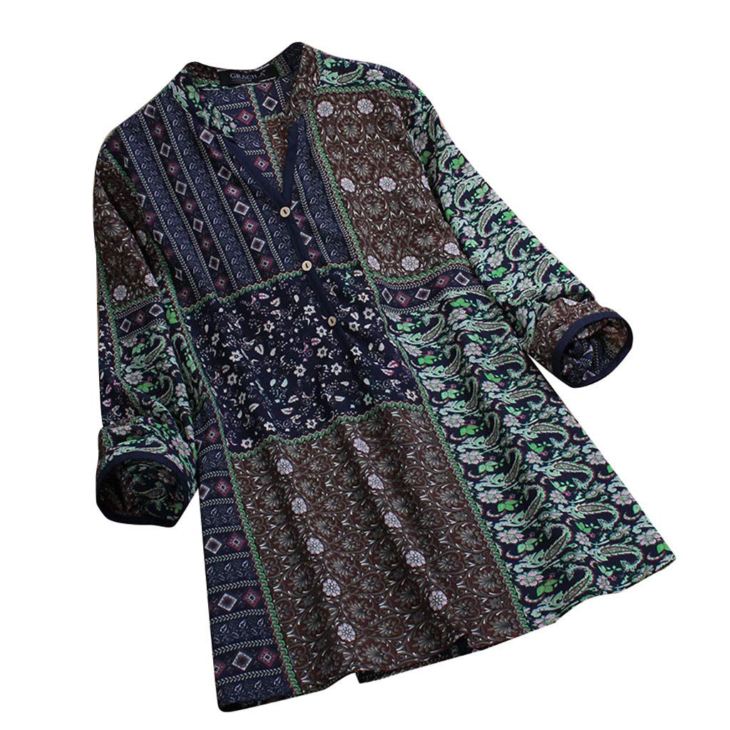 Vintage Floral Print V-Neck Blouse for Women - Folk Style Long Sleeve T-Shirt - Casual Vacation Top for Beach, Travel & Everyday Wear