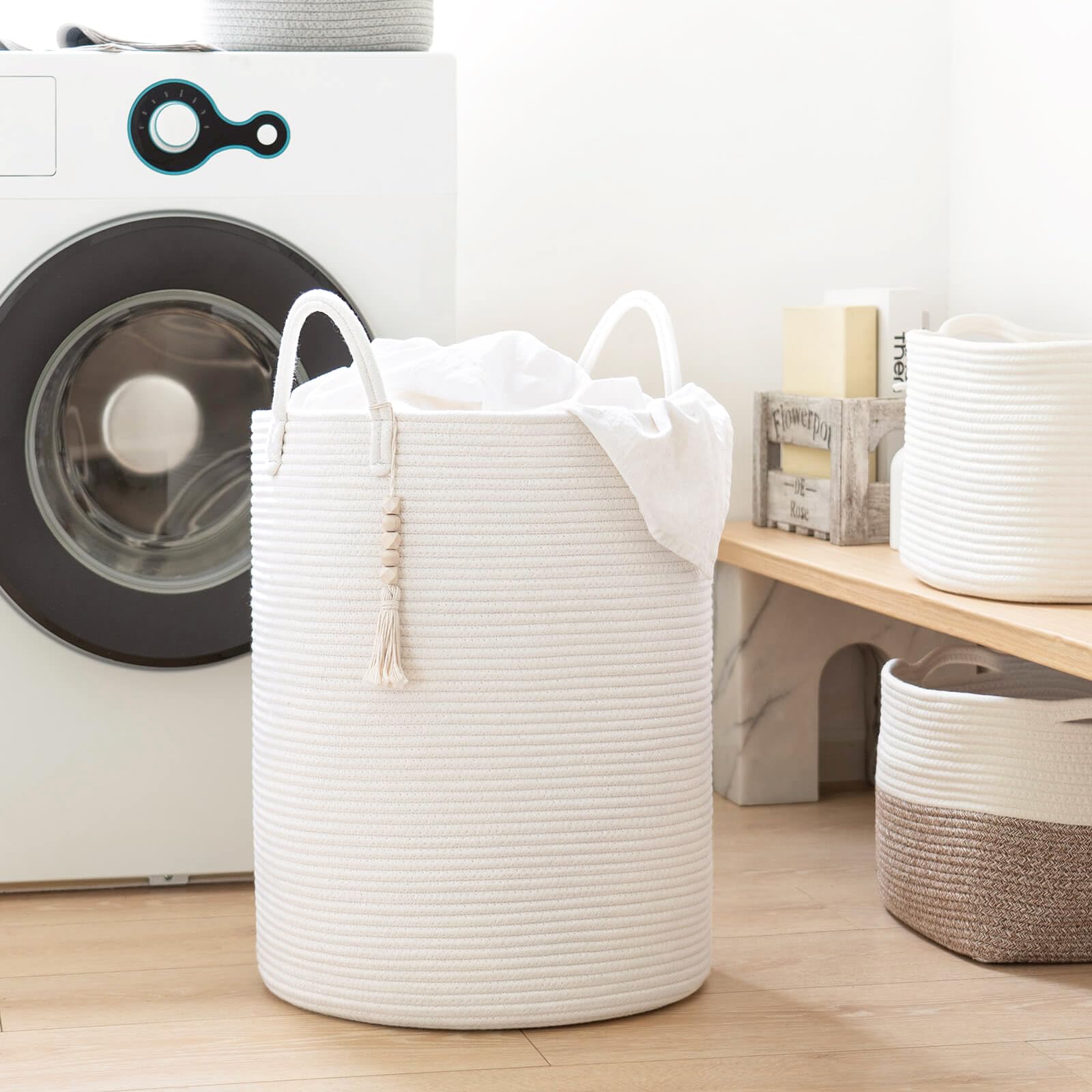 Goodpick White Laundry Basket with Handles - Large Woven Clothes Hamper for Laundry, Towels, Blankets, Toys | Organizer for Bedroom, Living Room, Nursery | 16 x 20 Inch Storage Basket for Home & Playroom Organization