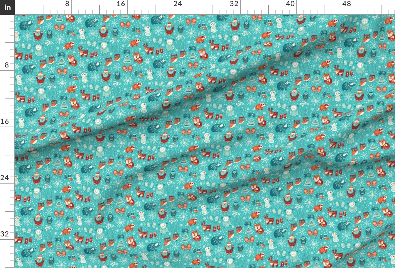 Winter Christmas Cartoon Snow Holiday Aqua Woodland Santa Foxes Printed Minky Fabric Fat Quarter - Soft Plush Fabric for Sewing Baby Blankets, Quilt Backing & DIY Crafts - Perfect for Holiday Decorations & Cozy Home Projects
