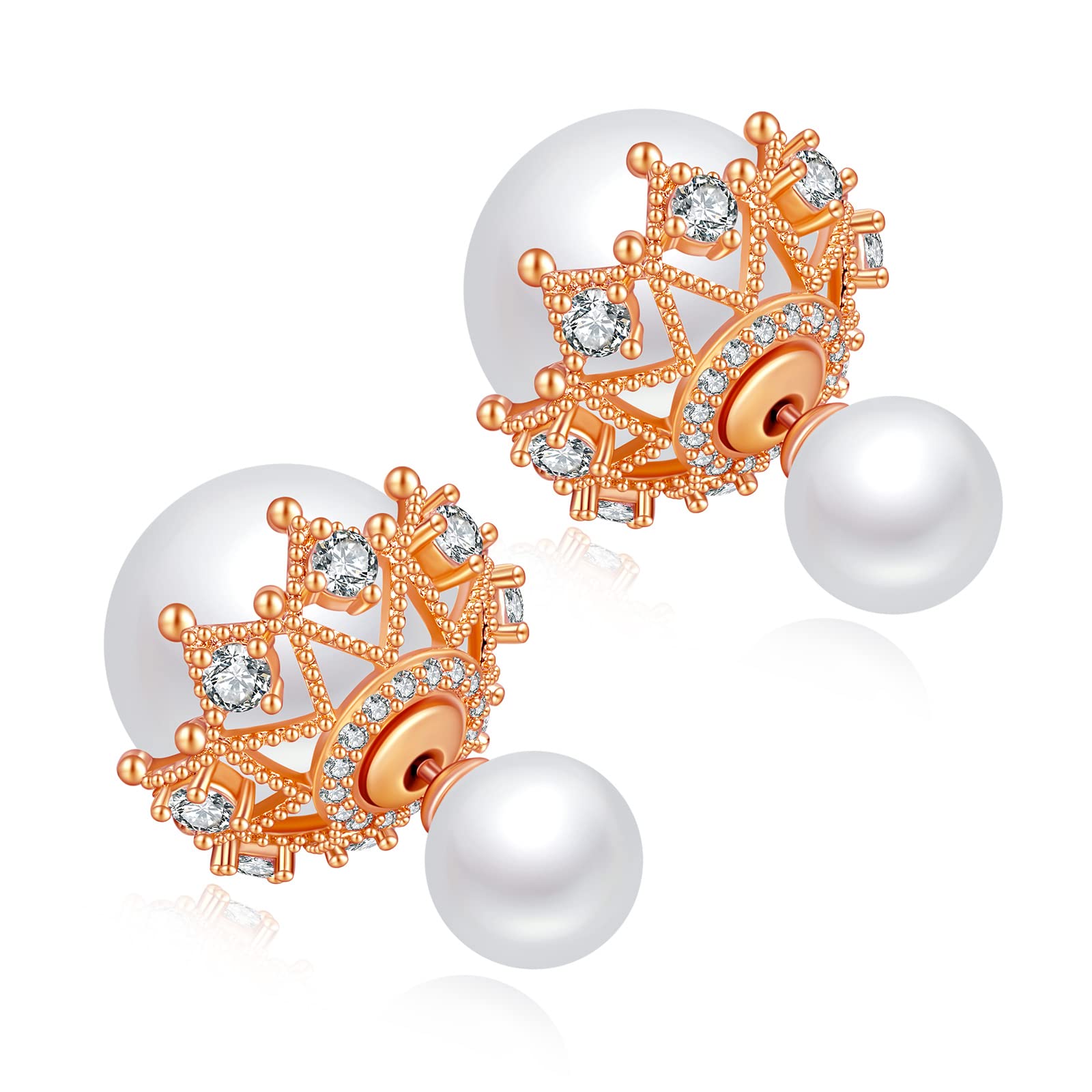 925 Sterling Silver Double-Sided White Pearl Hollow Zircon Stud Earrings for Women - Perfect for Everyday Wear, Parties & Special Occasions