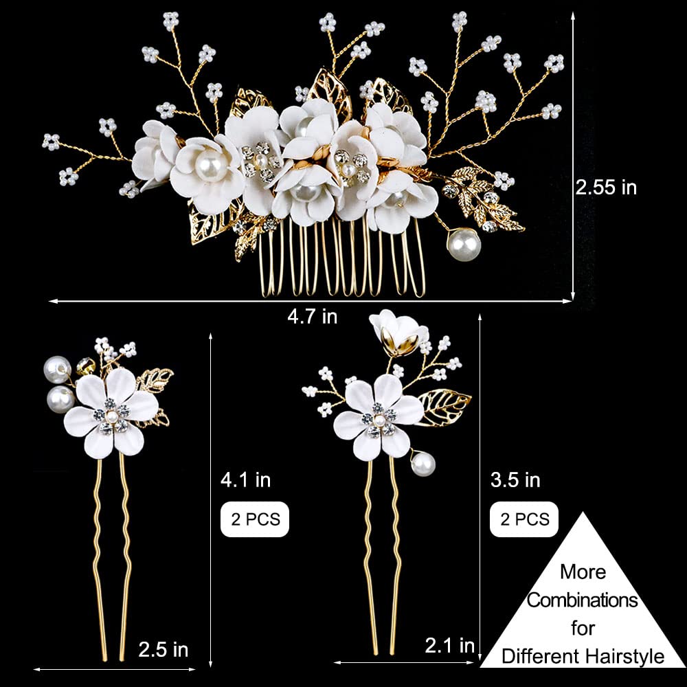 5 PCS Gold Crystal Pearl Wedding Hair Pins - Rhinestone Bridal Hair Clips Headpiece for Brides, Bridesmaids, Women & Girls - Perfect for Updos, Weddings, Prom & Special Occasions (Pure White Flower)