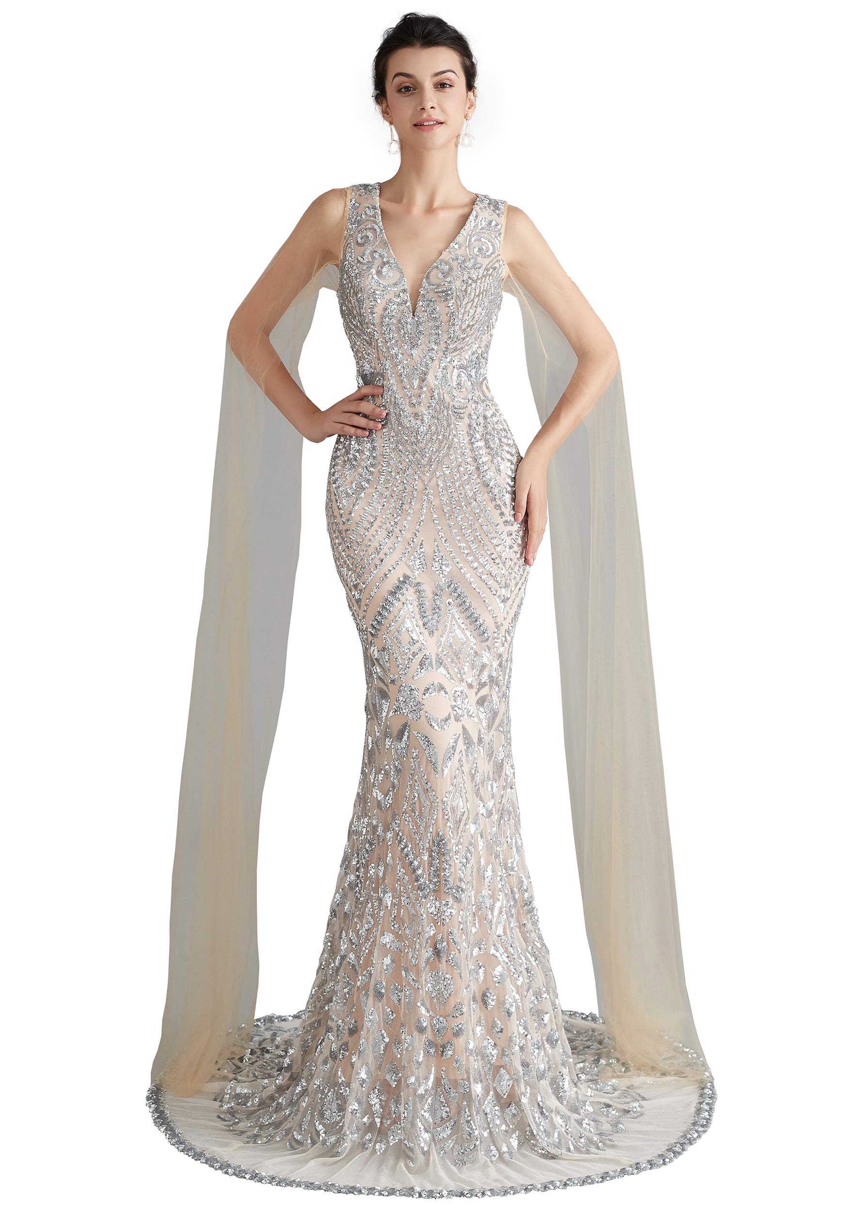 Elegant Women's V-Neck Sequins Mermaid Evening Gown with Sheer Sleeves - Perfect for Prom, Wedding Guest & Formal Events