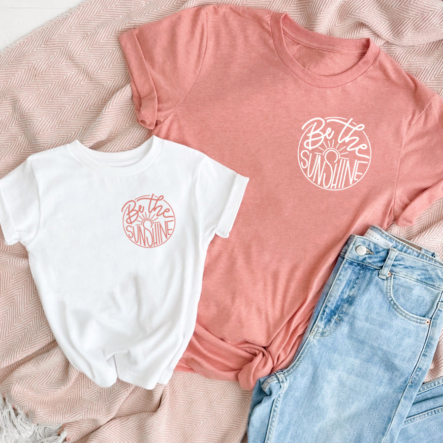Be The Sunshine Mini Logo Matching Heather Sunset/White T-Shirts - Stylish Couple Tees for Summer Outings & Date Nights
