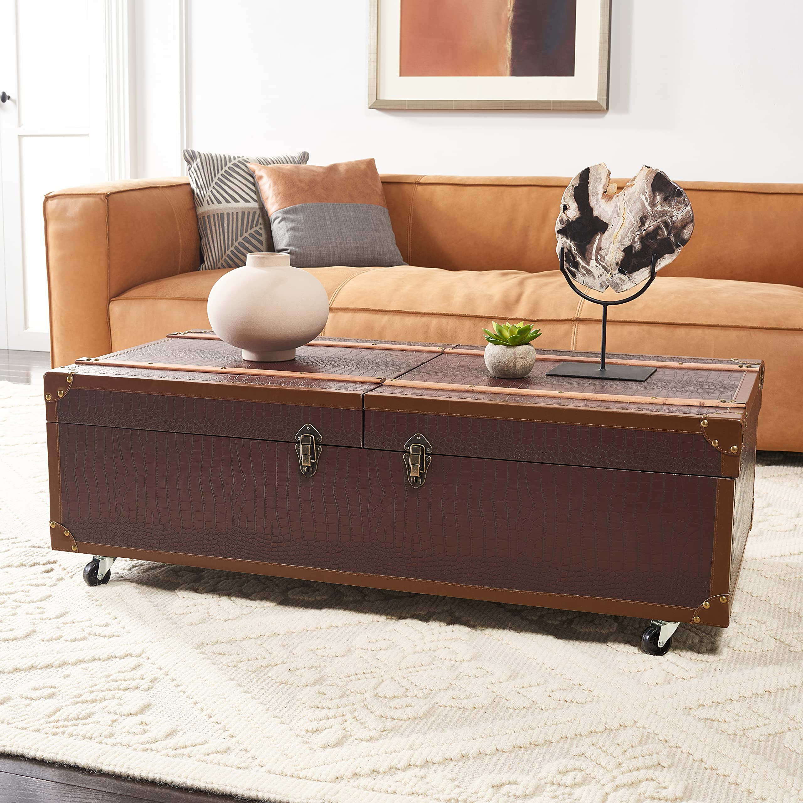 Safavieh Faux Leather Storage Trunk Coffee Table with Wine Rack - Living Room Decor