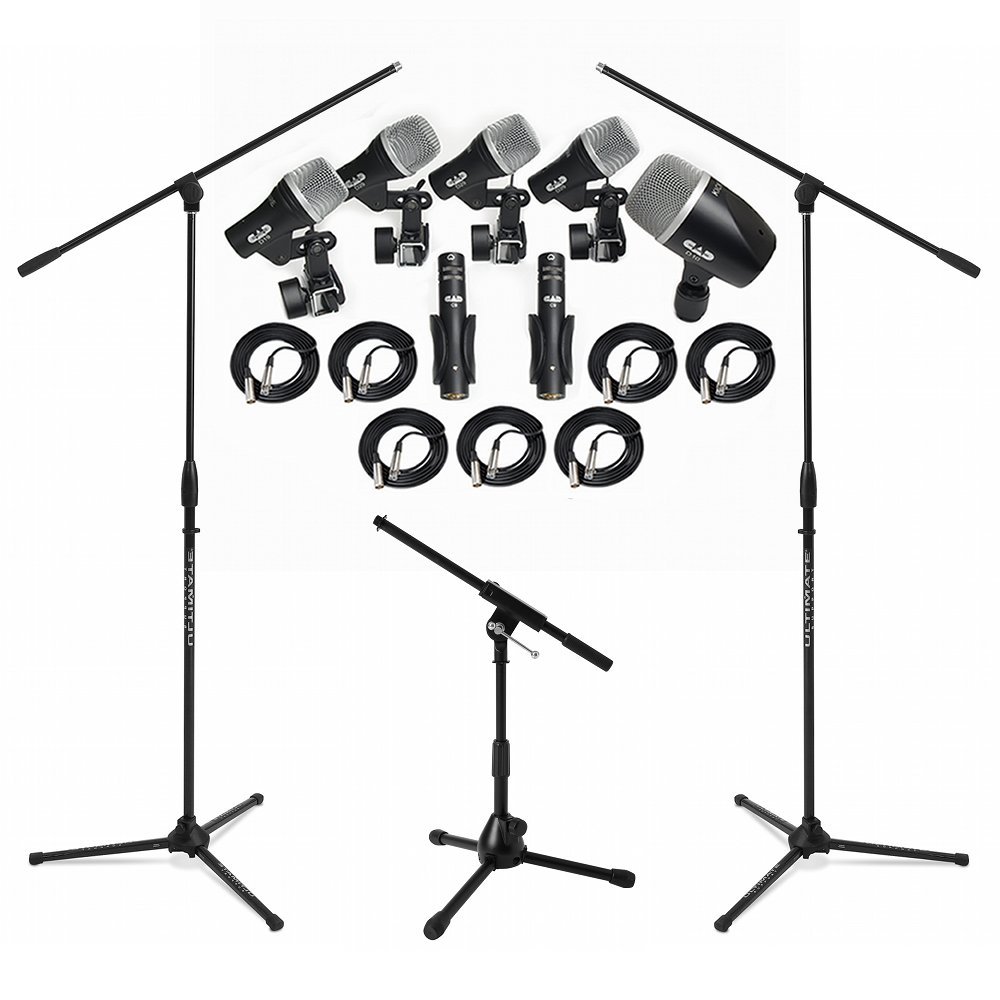 CAD Stage7 Drum Microphone Kit with 3 Stands & 7 XLR Cables (20ft) - Professional Drum Mic Set for Live Performances, Studio Recording & Stage Setup