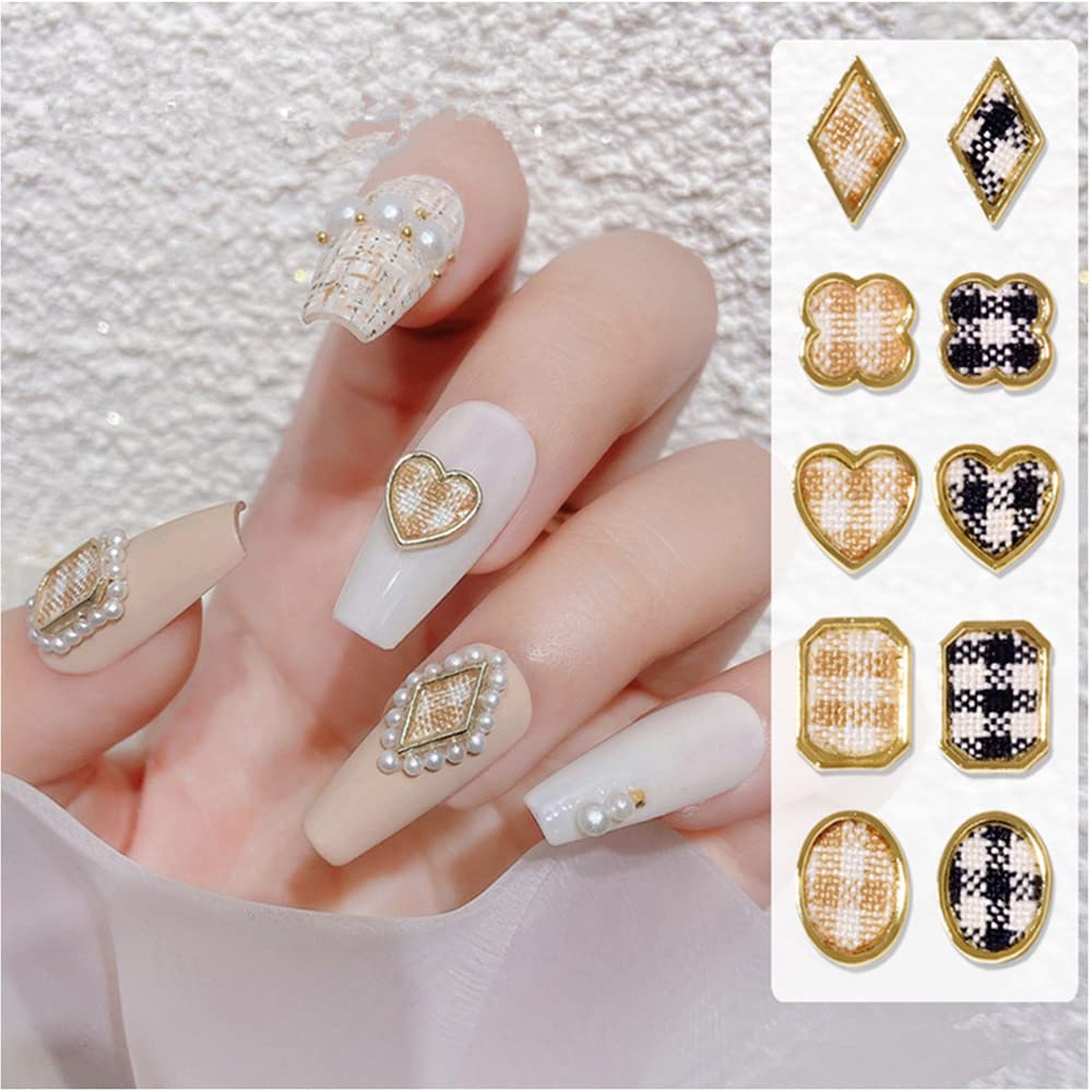 40 Pcs 3D Gold Metal Nail Charms - Nail Art Decorations for Acrylic Nails, Woolen Checkered Design Nail Jewelry - Perfect for DIY Manicures, Nail Salons & Party Nail Art (Gold)