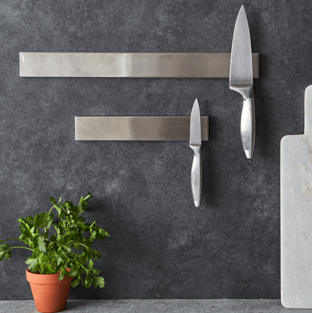 RSVP Magnetic Knife Holder - 10 Inch Stainless Steel Wall Mount Knife Rack for Kitchen - Strong Magnetic Knife Strip for Chef Knives, Utility Knives & Kitchen Tools - Perfect for Home, Restaurant & Professional Kitchens