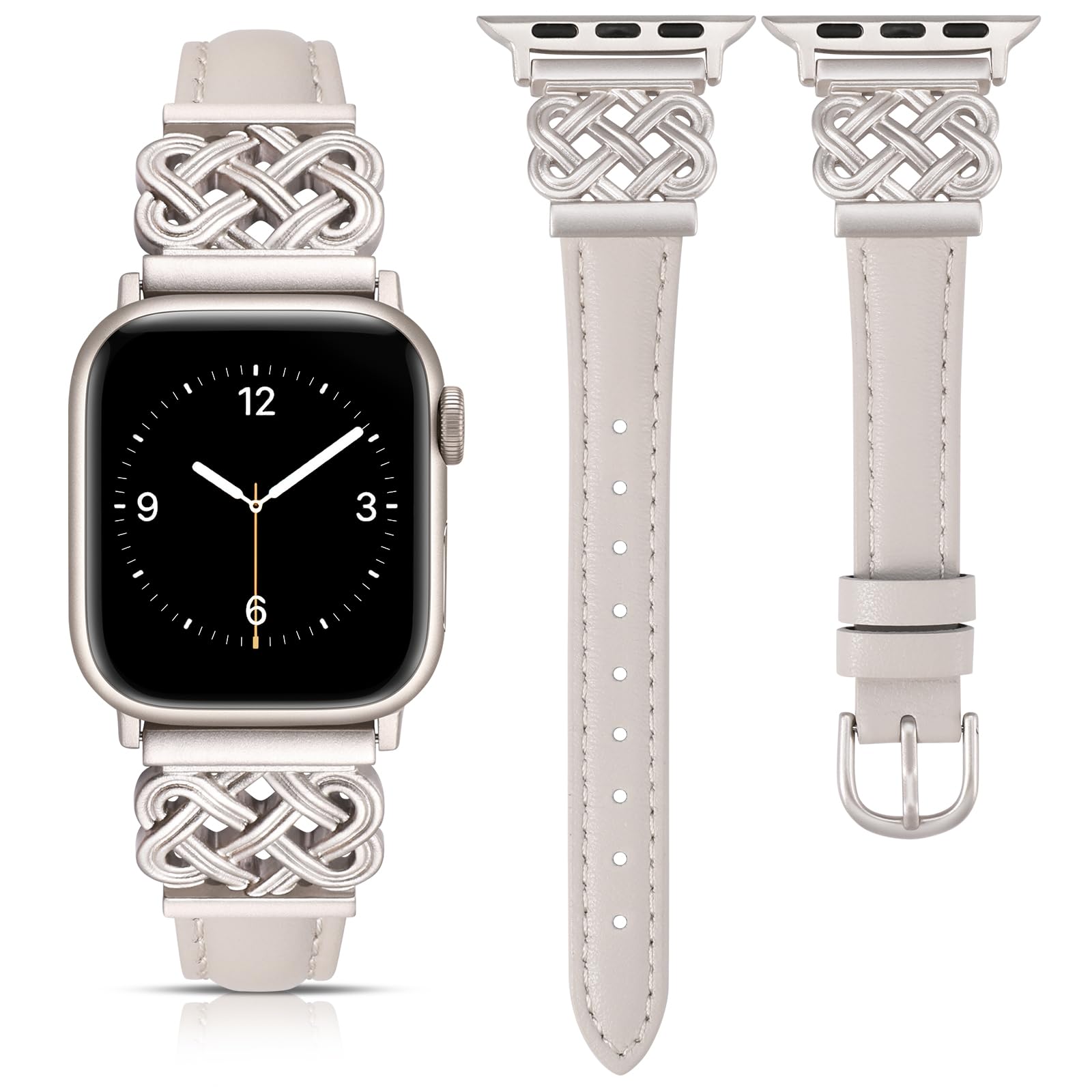 Premium Leather Apple Watch Band for Women - Compatible with 38/40/41/42mm iWatch Series 10/9/8/7/6/5/4/3/2/1 & SE - Slim Dressy Strap with Designer Buckle (Starlight) - Perfect for Work, Parties & Everyday Wear