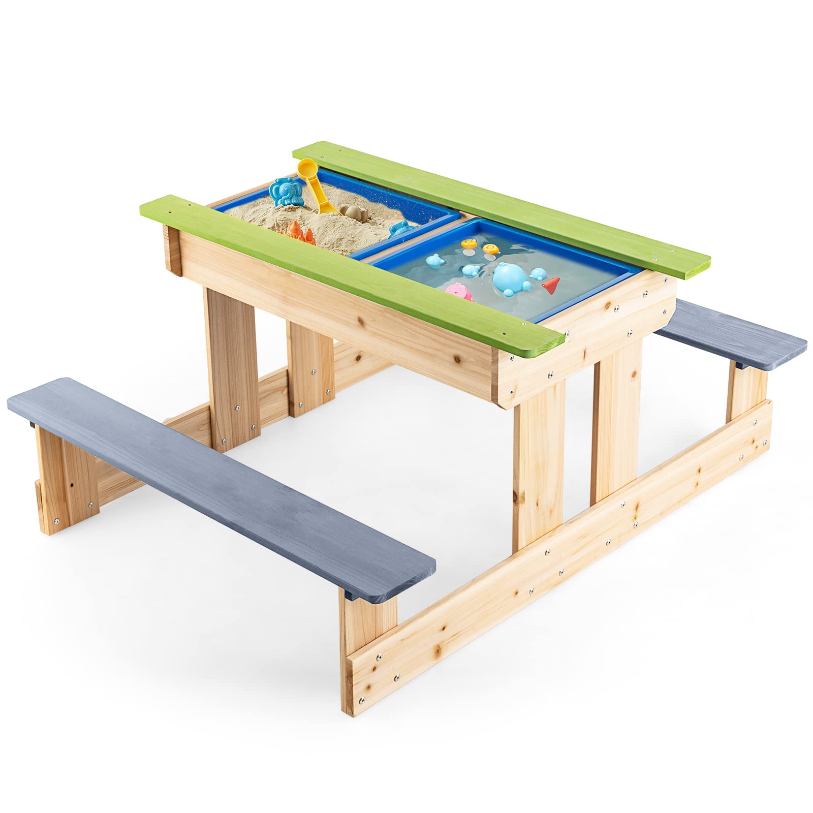 Costzon 3-in-1 Kids Picnic Table with Sand & Water Play - Convertible Wooden Activity Table with Removable Top, 2 Storage Boxes & Bench Set for Indoor Outdoor Use - Perfect for Backyard, Patio, Yard & Playroom (Natural)