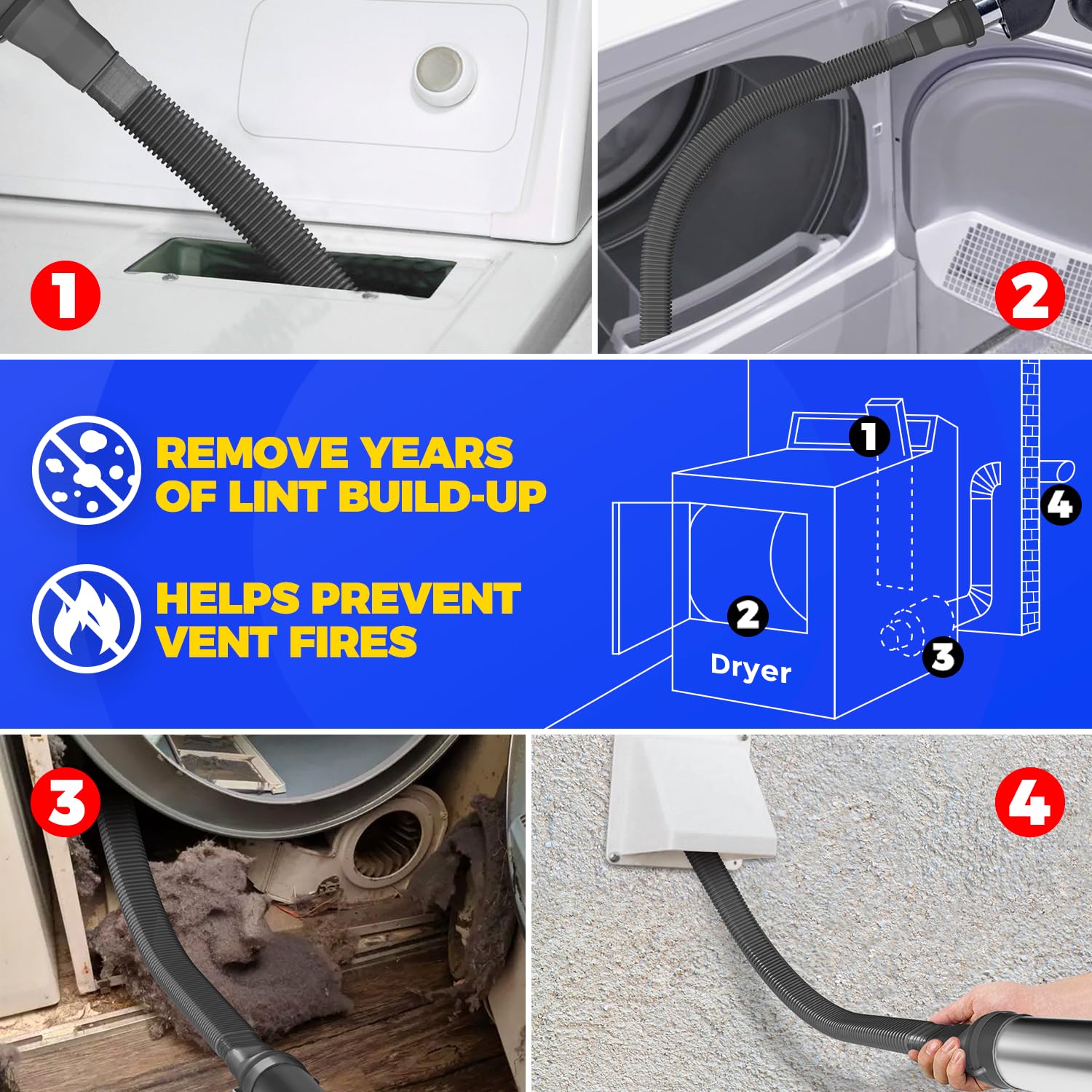 Holikme Upgraded 2-Piece Dryer Vent Cleaning Kit - Lint Remover Vacuum Attachment & Brush for Most Vacuum Cleaners - Efficient Lint Removal for Safer Dryer Performance - Perfect for Home Laundry, RV & Apartment Maintenance