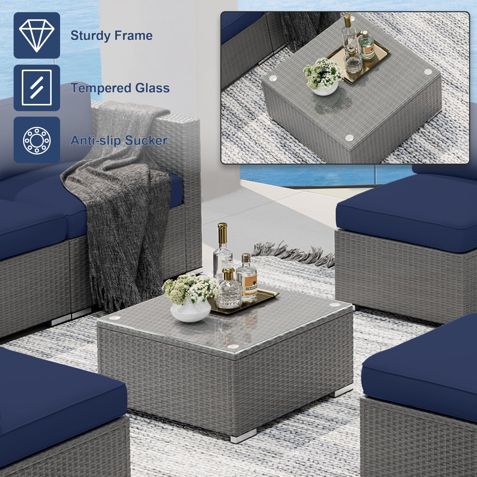 7-Piece Outdoor Patio Furniture Set - Grey Wicker Sectional Sofa with Coffee Table & Dark Blue Cushions | Weather-Resistant Conversation Set for Backyard, Poolside & Garden | Perfect for Entertaining & Relaxing