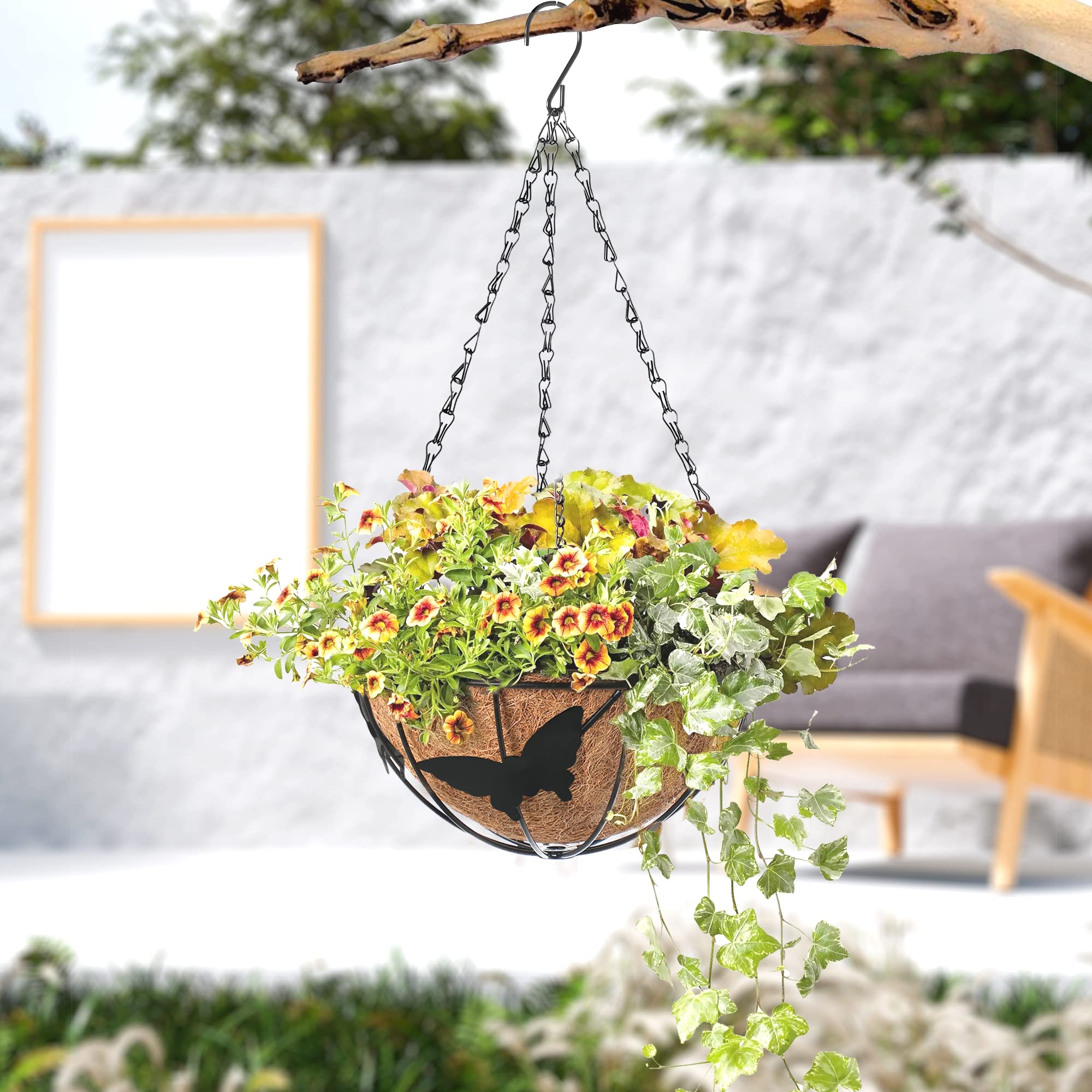 Palm Naki 4-Pack Coconut Coir Hanging Planters with Metal Butterfly Design - 10 Inch Coco Coir Plant Pots for Indoor & Outdoor Decor, Perfect for Balcony, Patio, and Garden Hanging Baskets