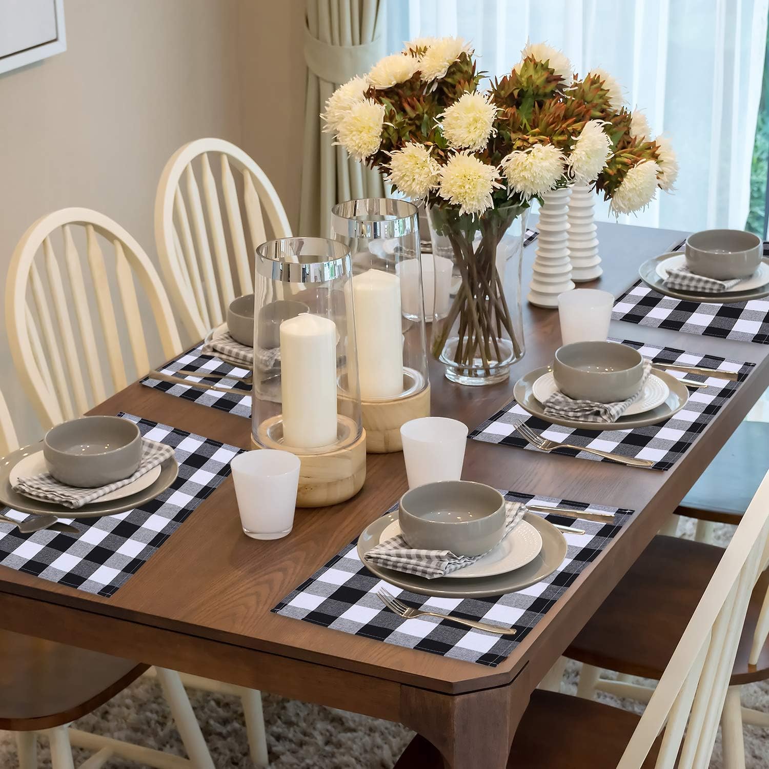 Aneco Buffalo Plaid Cotton Placemats - 13x19 Inch Double Layer Checkered Table Mats - Black and White Kitchen Decor (Set of 4) for Dining Table, Holiday Parties & Farmhouse Style Decor
