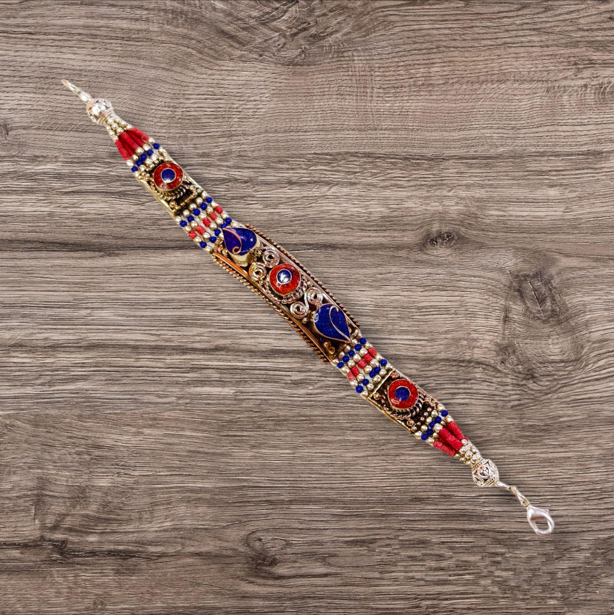 Handmade Boho Bracelet for Women - Coral & Lapis Lazuli Gemstone Ethnic Tribal Filigree Designer Jewelry Gift | Perfect for Festival, Beach & Boho Fashion Accessories