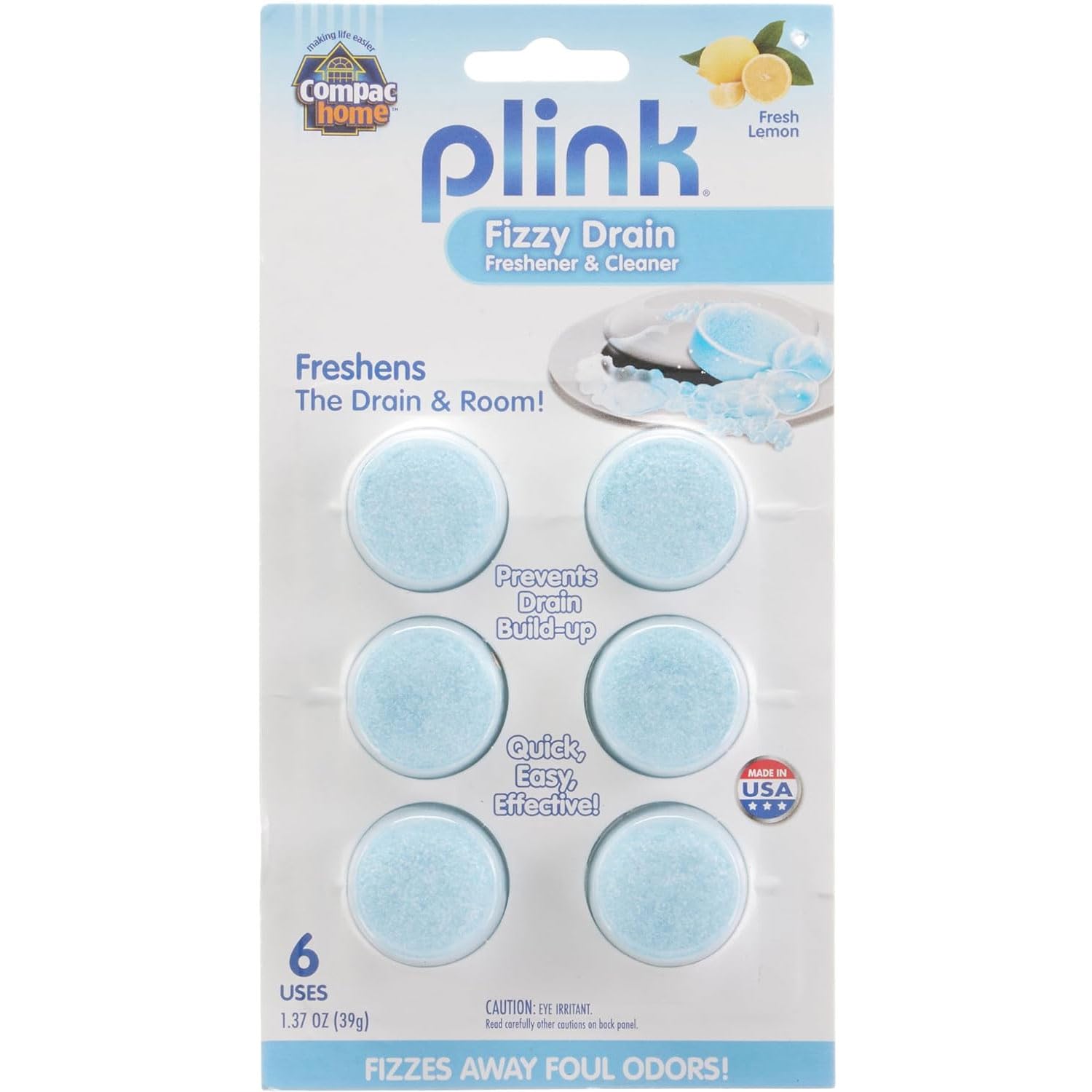 COMPAC HOME Plink Sink Drain Cleaner & Deodorizer - Lemon Scent Garbage Disposal Cleaner Tablets (6 Count) - Kitchen Drain Freshener for Eliminating Odors & Maintaining Clean Pipes - Perfect for Daily Sink Maintenance & Dishwasher Use