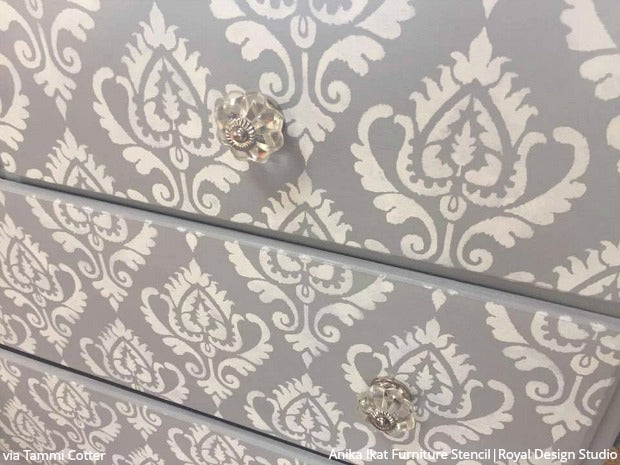 Anika Ikat Damask Furniture Stencil - DIY Home Decor, Wood Painting Template for Tables, Chairs, Cabinets - Perfect for Upcycling Projects & Custom Furniture Design