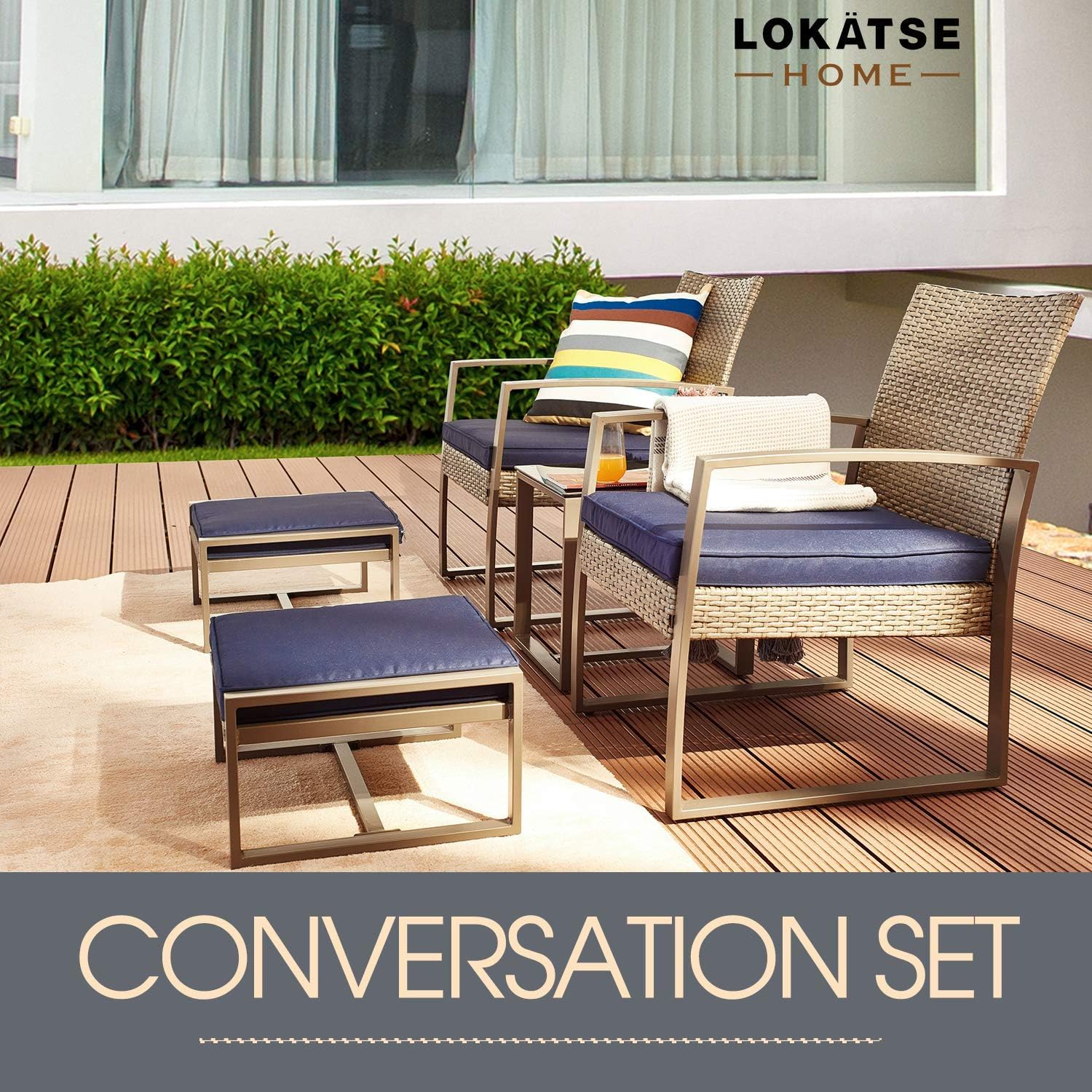LOKATSE HOME 5-Piece Wicker Outdoor Patio Furniture Set - PE Rattan All-Weather Conversation Set with Cushioned Chairs, Ottoman & Glass Coffee Table - Perfect for Balcony, Porch, Garden or Backyard Relaxation