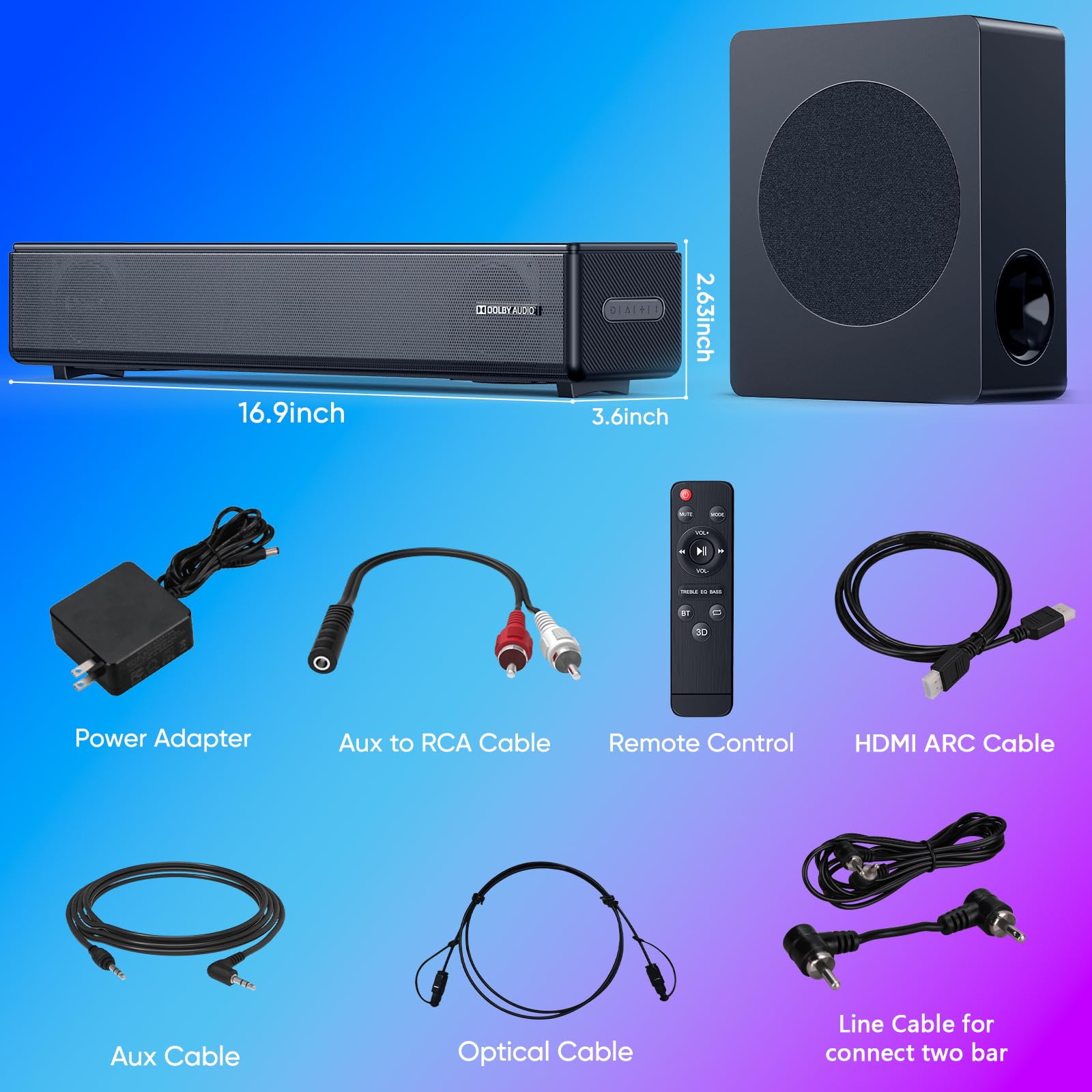 2.1 Channel Soundbar with Wireless Subwoofer - 200W Dolby Digital Home Theater System, HDMI eARC/Bluetooth 5.0/DSP/Remote - Surround Sound Speaker for Smart TVs - Perfect for Movie Nights & Gaming