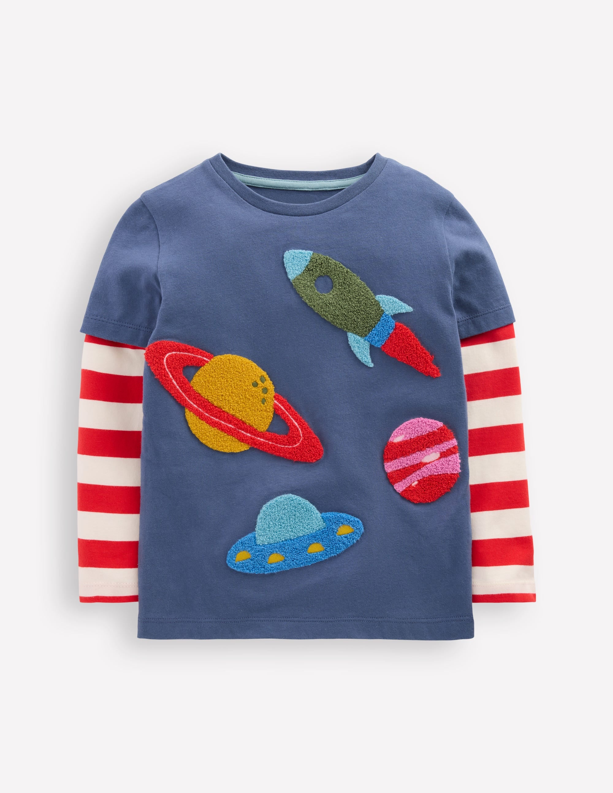 Applique Mock Sleeve T-Shirt - Robot Blue Space Design | Trendy Casual Wear for Women | Perfect for Everyday Outfits, Street Style & Summer Fashion