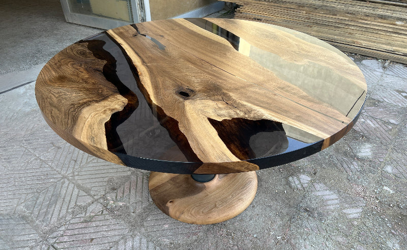 Handmade Custom Round Epoxy Resin Walnut Dining Table with Solid Wood Base - Perfect for Kitchen, Dining Room, and Modern Home Decor