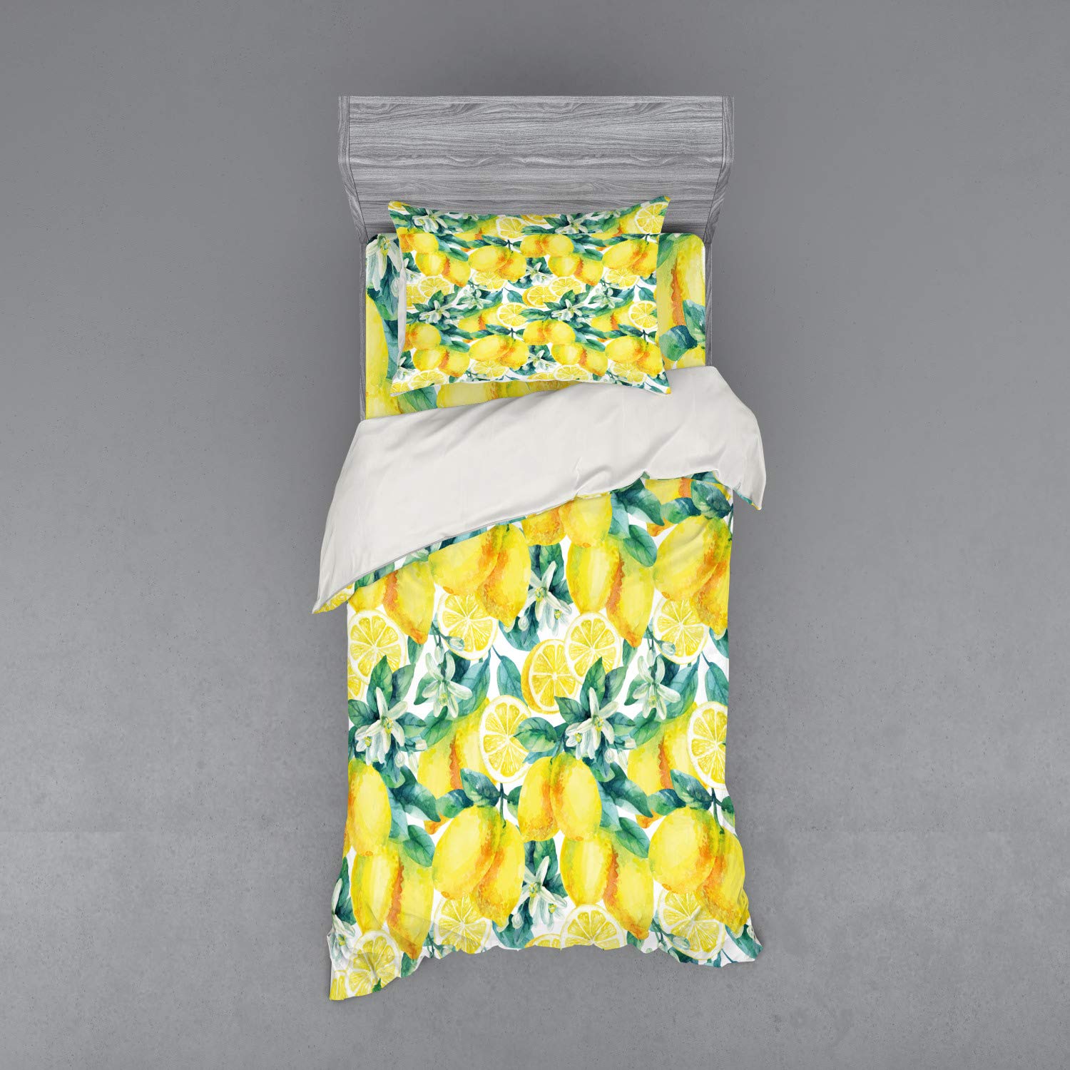 Ambesonne Modern Duvet Cover Set - Vibrant Lemon Citrus Tree Watercolor Design, 3-Piece Bedding Set with Pillow Sham & Fitted Sheet, Twin Size, Forest Green & Yellow | Perfect for Spring Bedroom Decor, Guest Room Refresh, or Bohemian Style Home