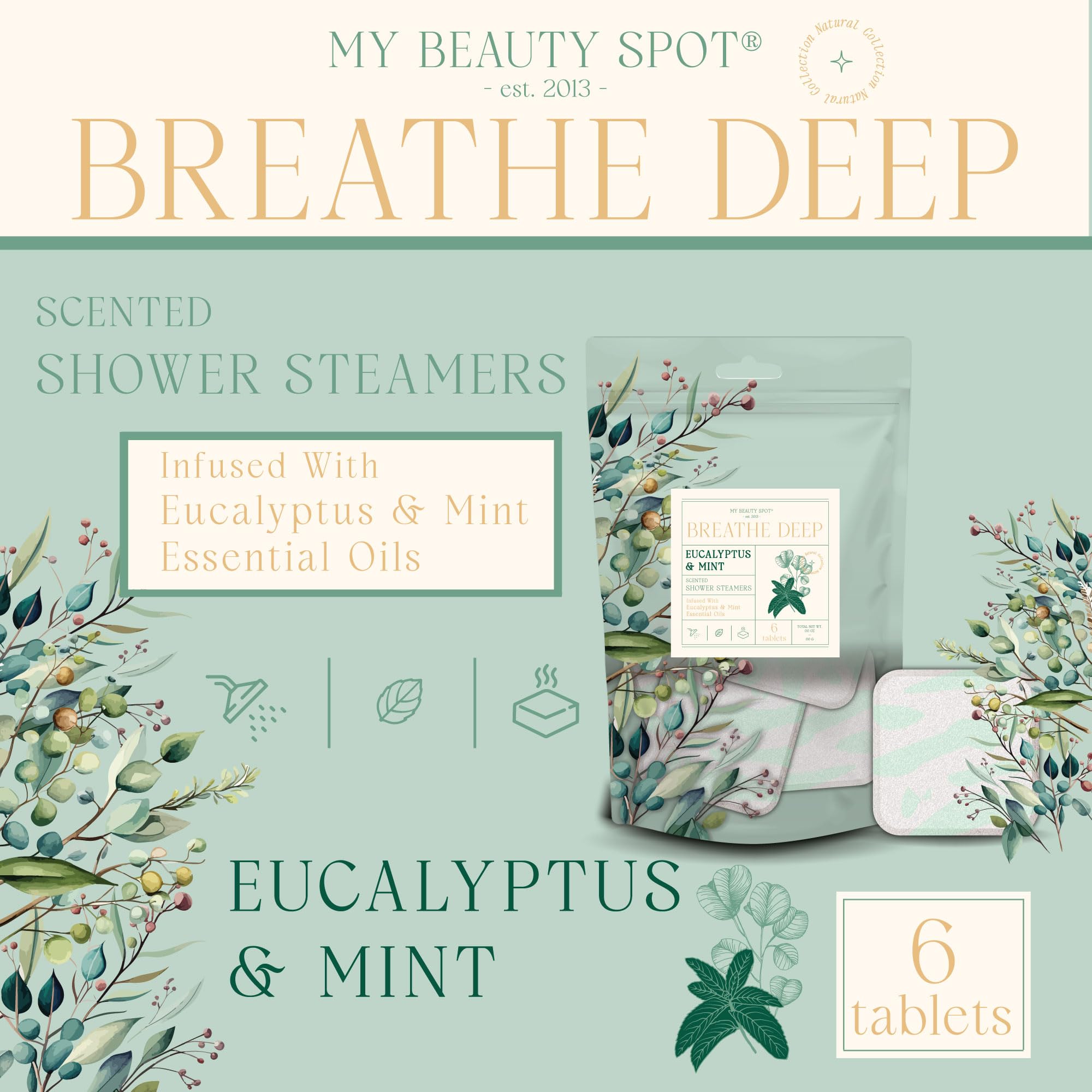 My Beauty Spot Aromatherapy Shower Steamers - 6pcs Eucalyptus, Mint, Lavender, Jasmine & Rose Essential Oil Shower Tablets for Relaxation, Stress Relief & Spa-Like Experience at Home