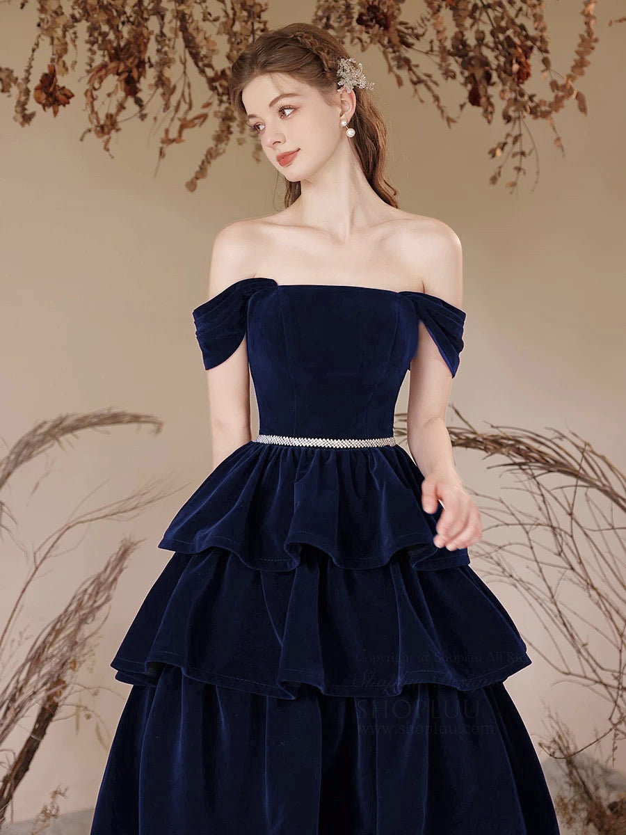 Elegant Off Shoulder A-Line Velvet Prom Dress in Dark Blue - Long Formal Gown for Homecoming, Evening Parties & Special Occasions