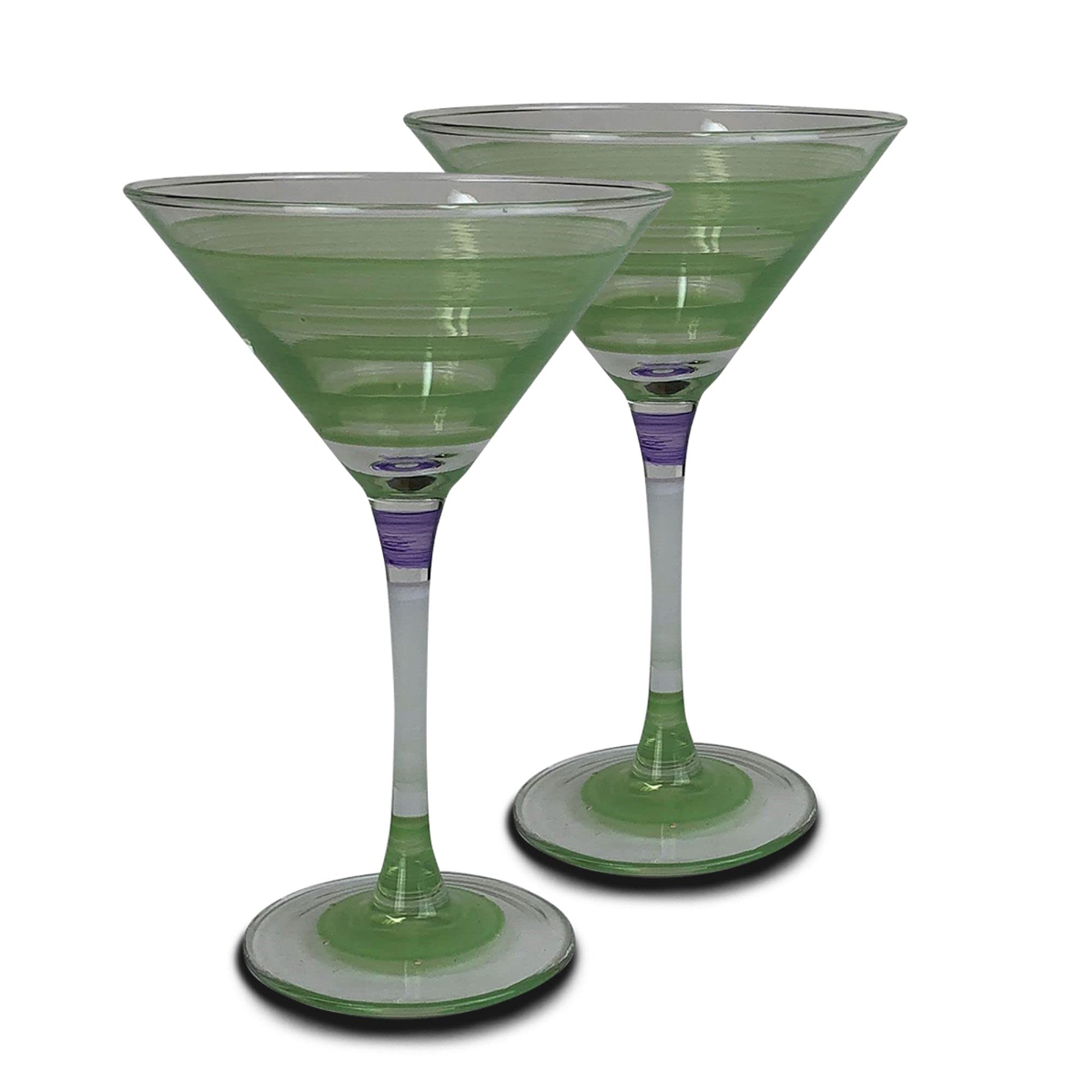 Vintage Purple Striped Martini Glasses Set of 2 - 7.5oz Hand-Painted Cocktail Glasses for Home Bar, Dinner Parties & Retro-Themed Events
